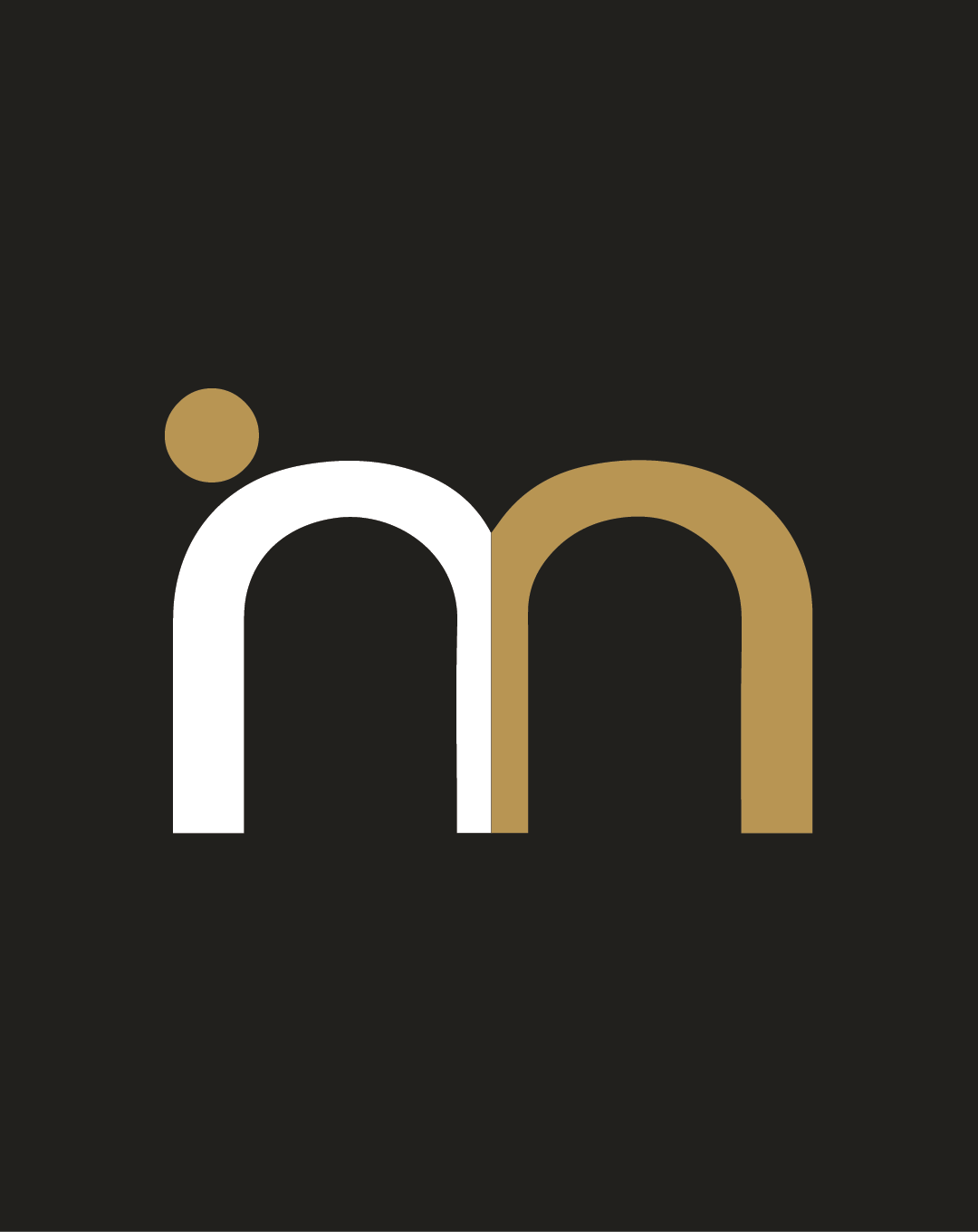 Minimalist logo design featuring stylized 'm' in white and gold on black background.
