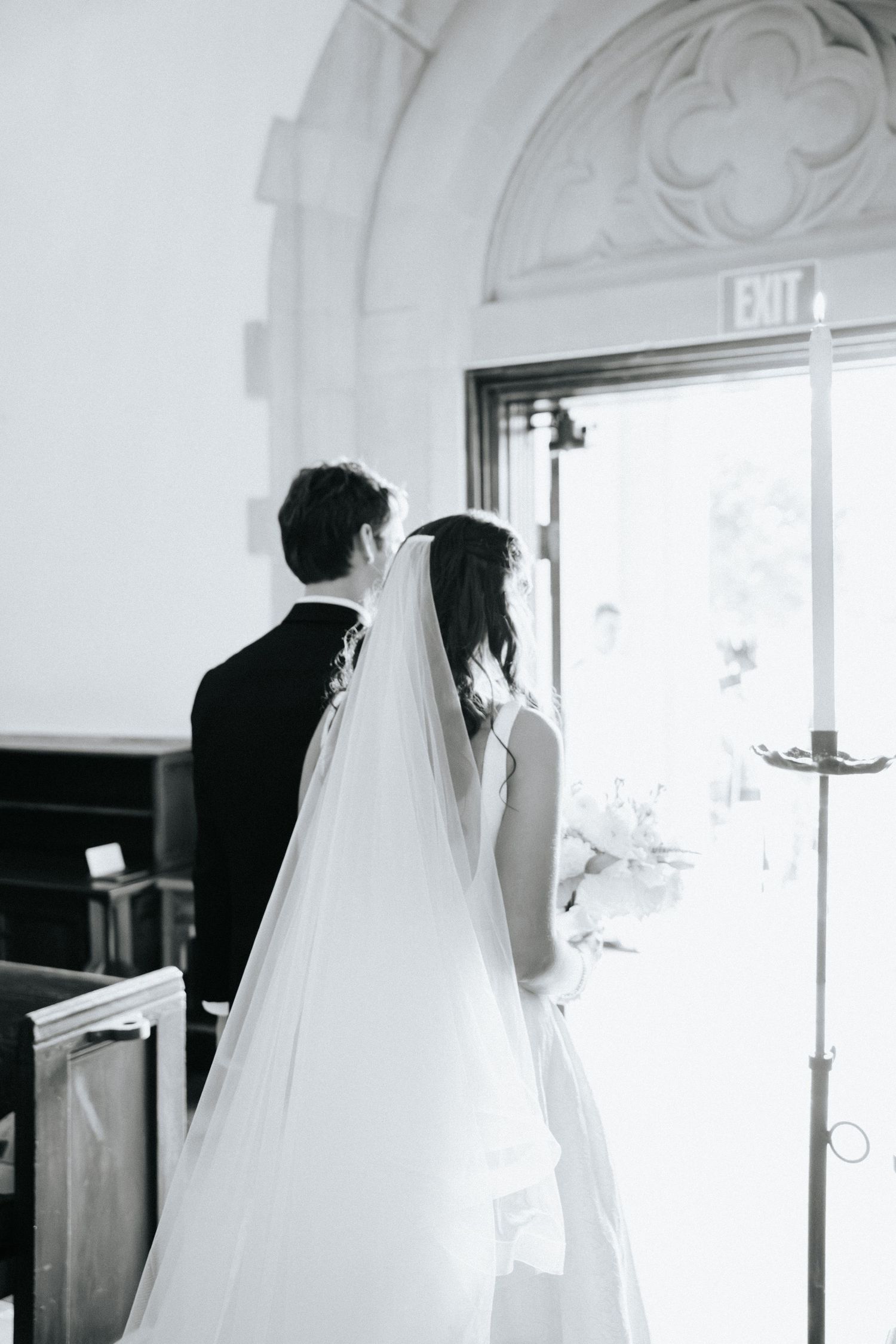 A series of elegant wedding ceremony photos showing a bride in a flowing white dress inside a church.