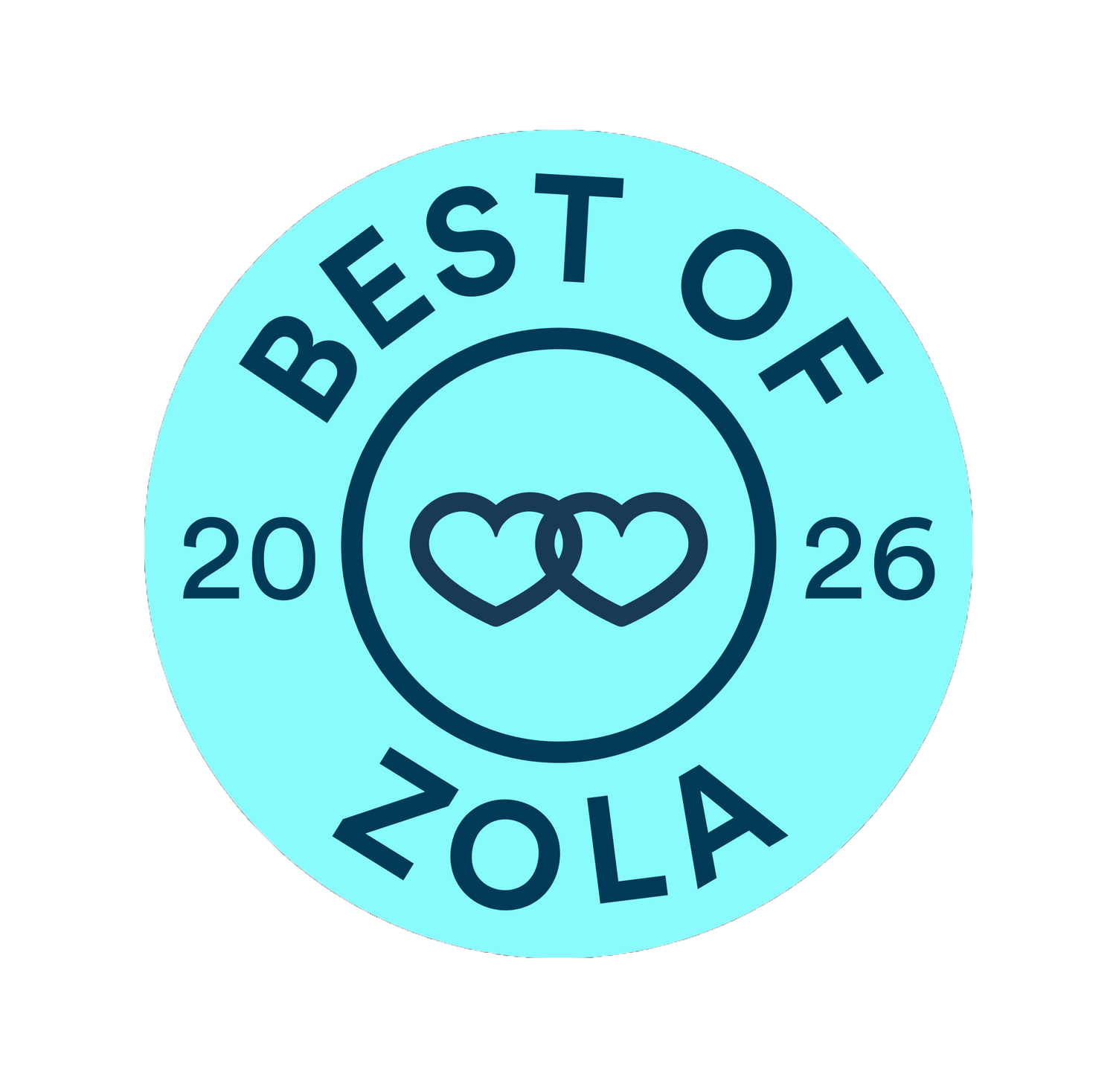Best of Zola 2026 award badge with two interlinked hearts on a turquoise circular seal.