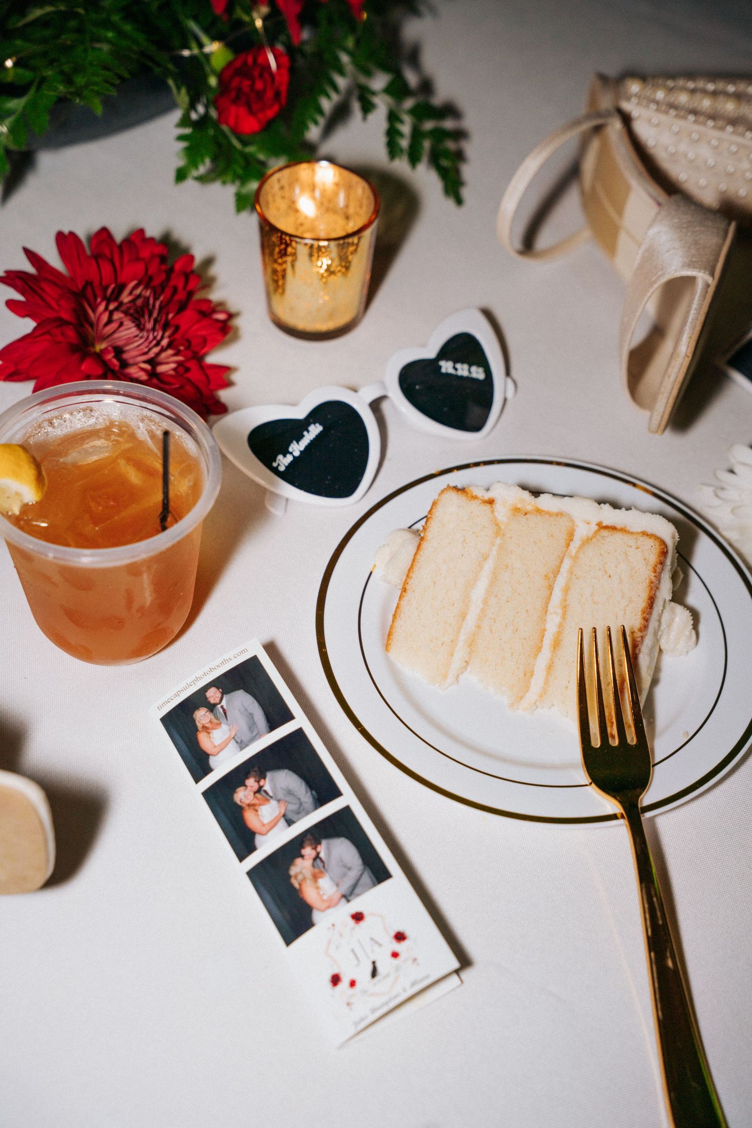 A sequence of photos showing a slice of cake on a white plate with a gold fork and red flower decoration.