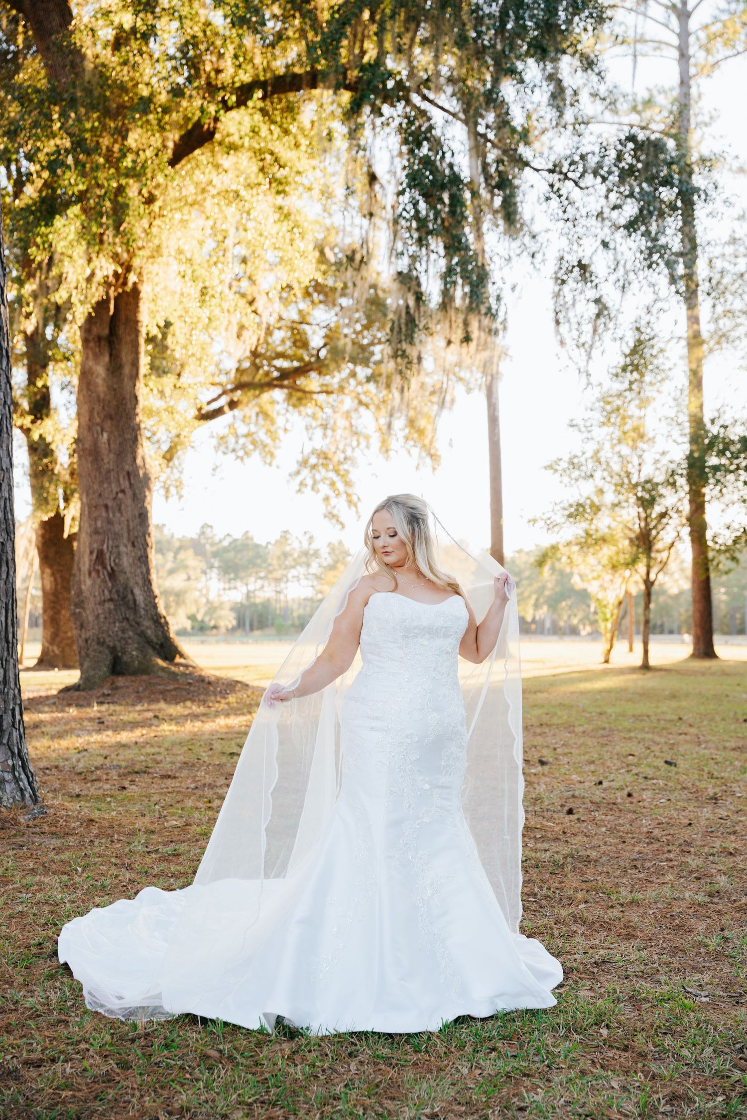 A bride in a flowing white wedding dress poses gracefully in a sun-drenched forest setting during golden hour.