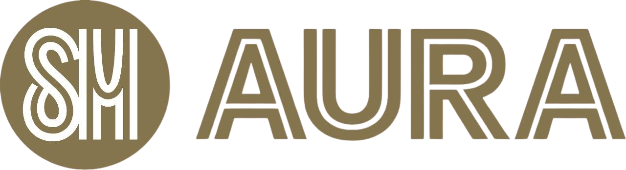 SM Aura Premier logo featuring the SM monogram and bold AURA text in gold on a white background.
