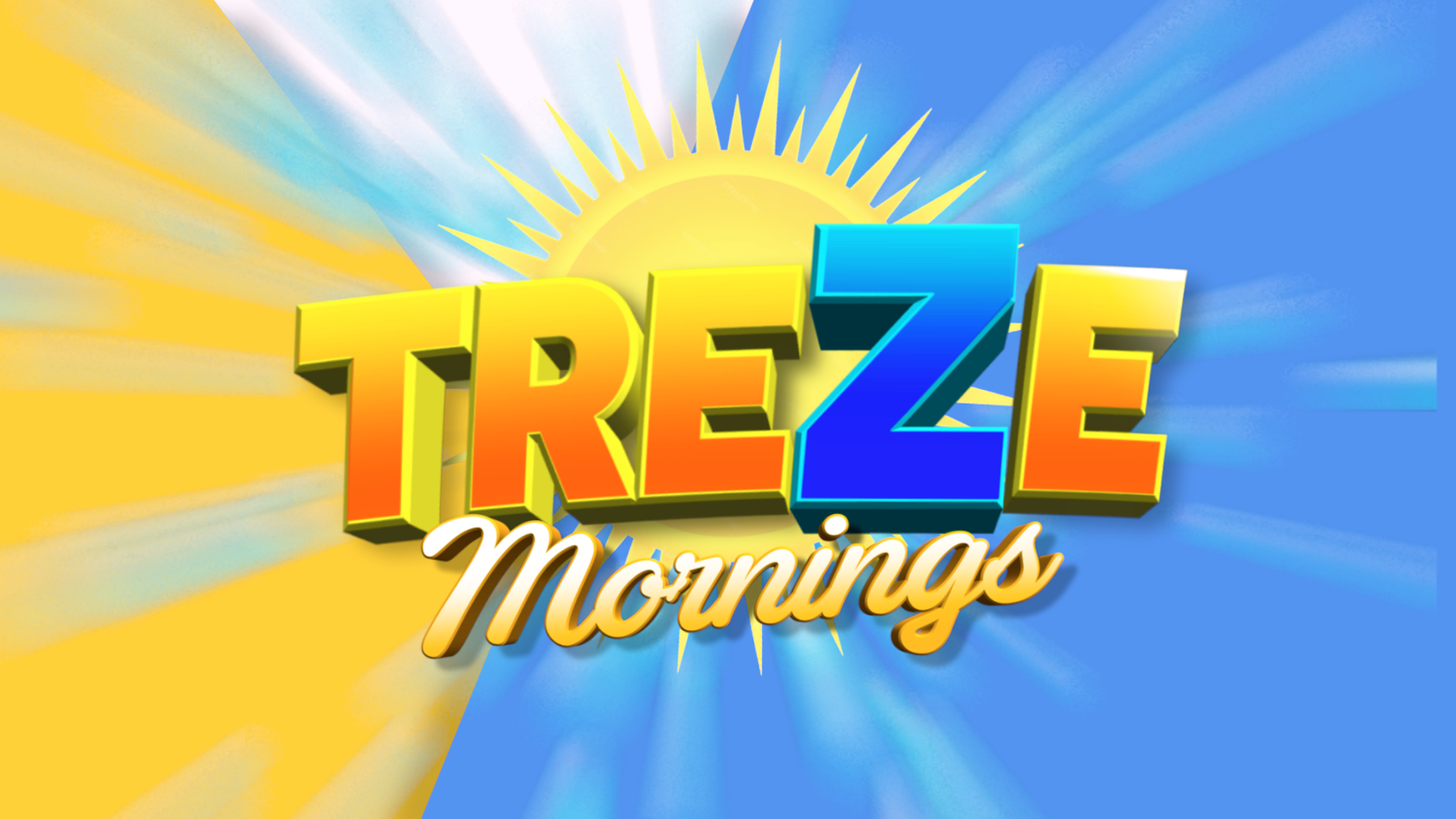 Treze Mornings colorful logo with bold text and a bright sun on a blue and yellow background.