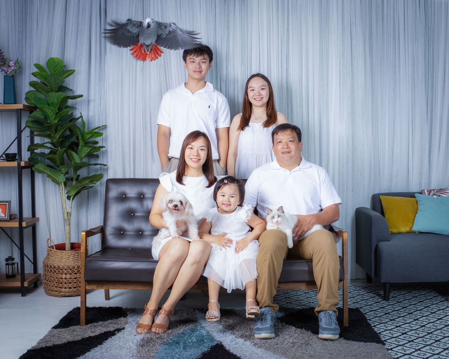 indoor portrait of a family with their pets