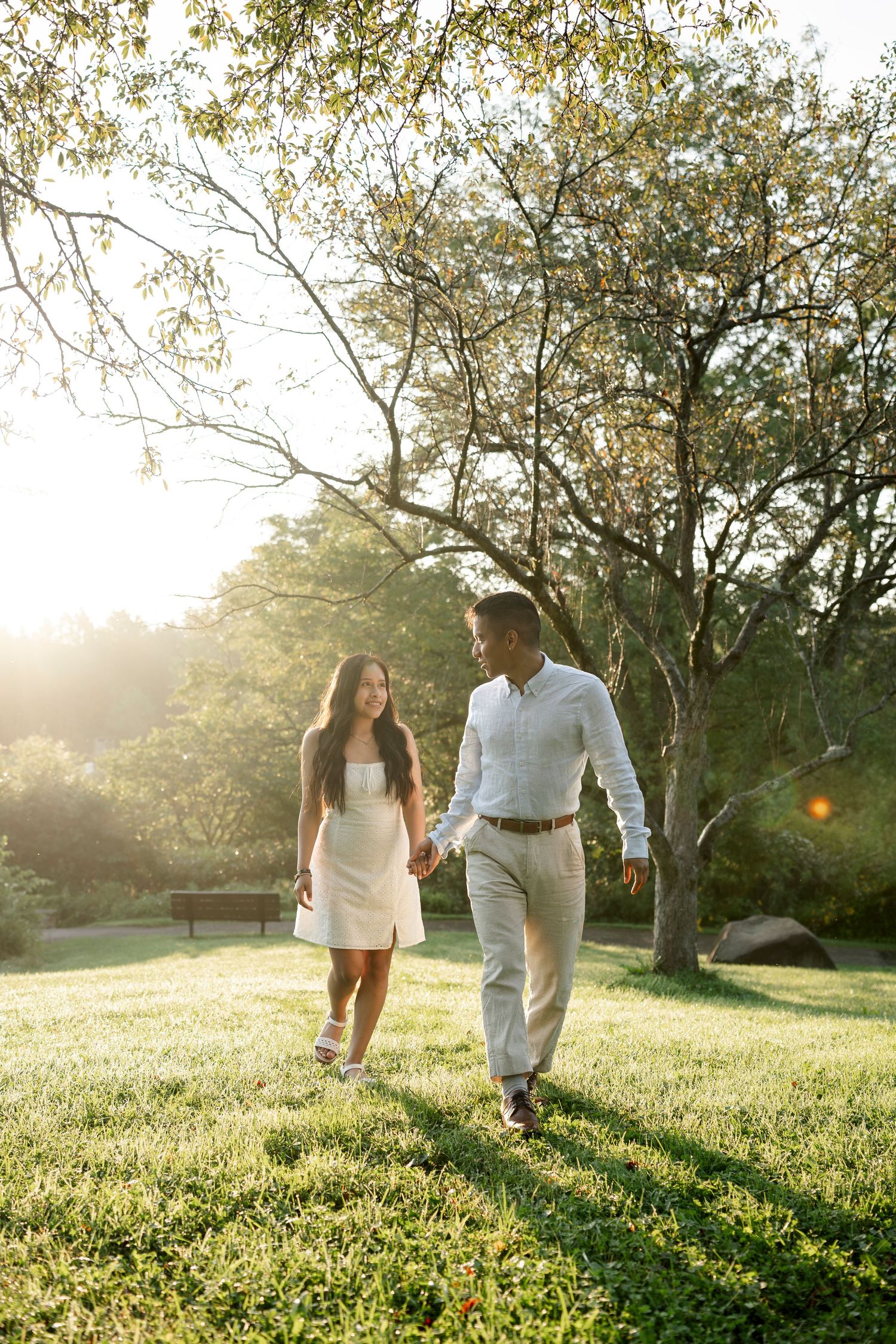 Couple holding hands walking on green grass in a sunlit park with trees and golden hour light.