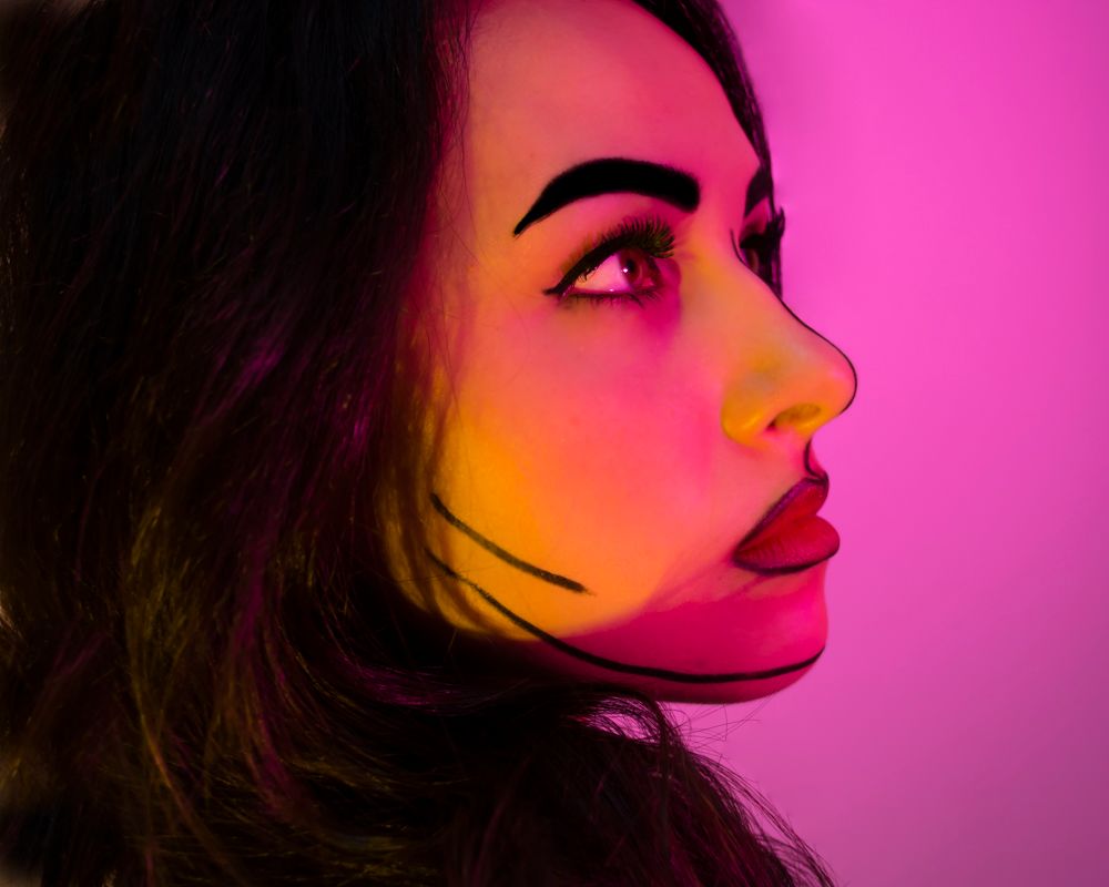 Profile silhouettes against vibrant pink and orange gradient backgrounds create an artistic portrait sequence.