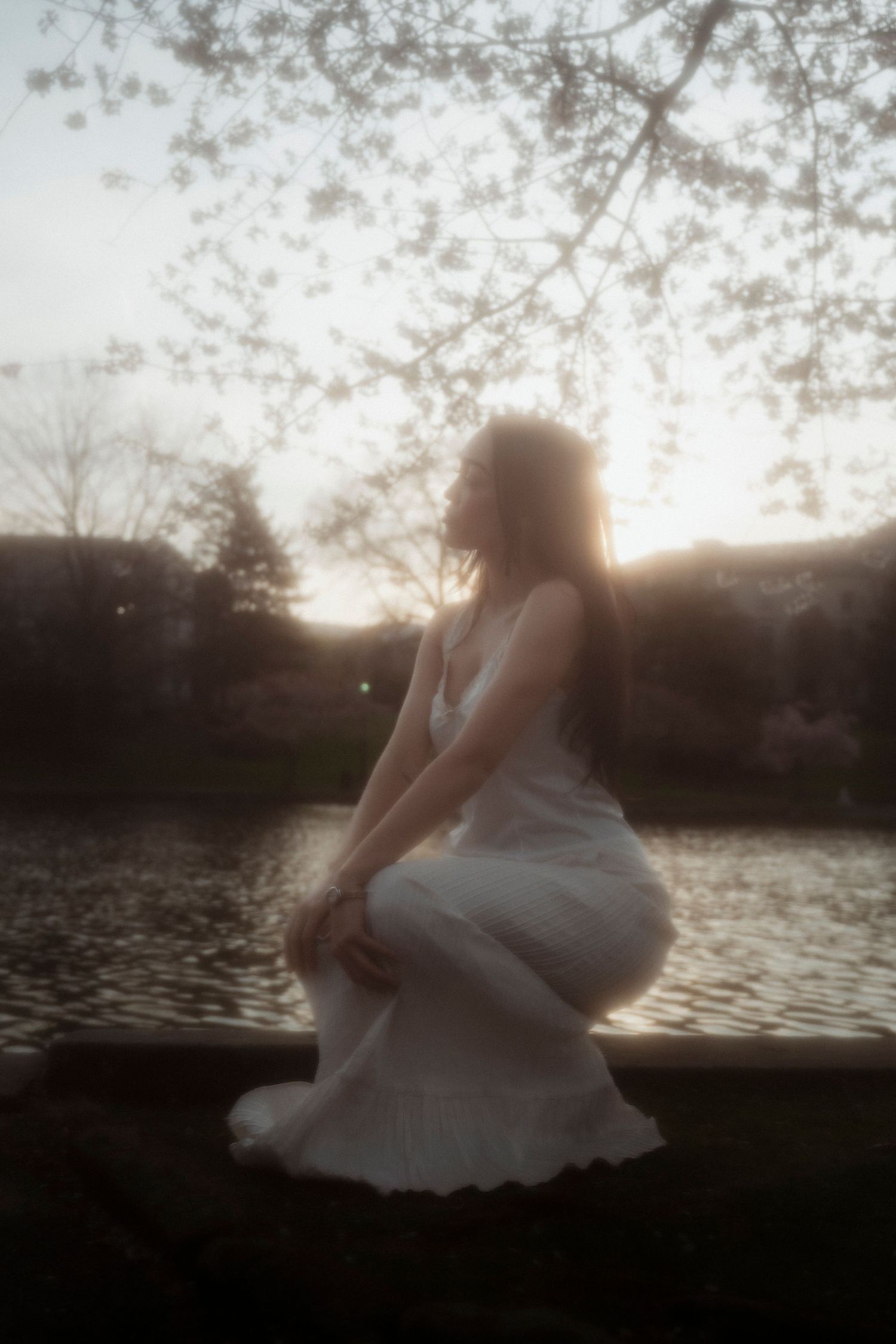 Woman in white dress sitting by a serene pond at sunset with cherry blossoms overhead in a dreamy soft-focus photo.