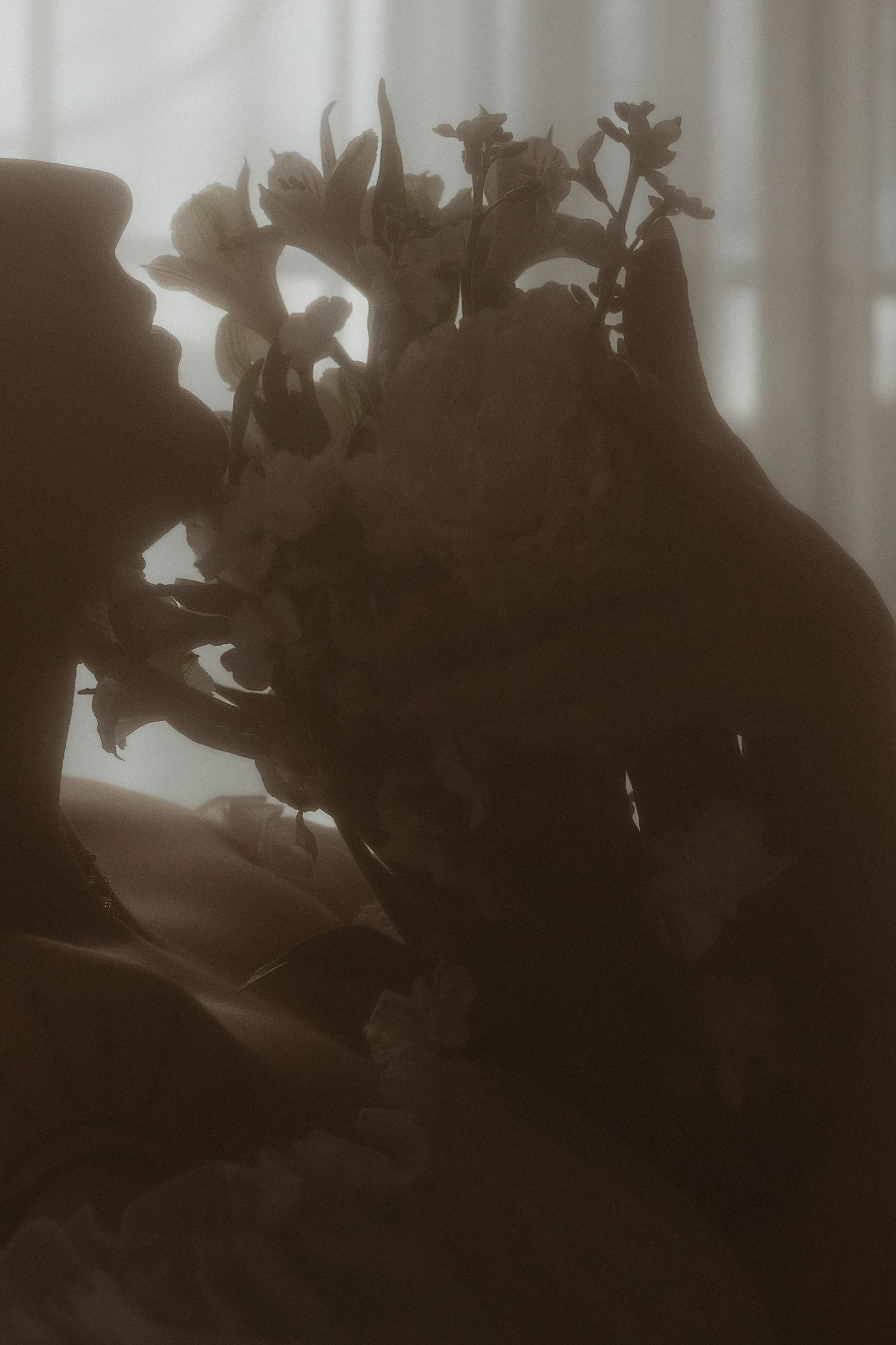 Dreamy sepia-toned silhouette of a person holding delicate white flowers near their face in soft diffused light.