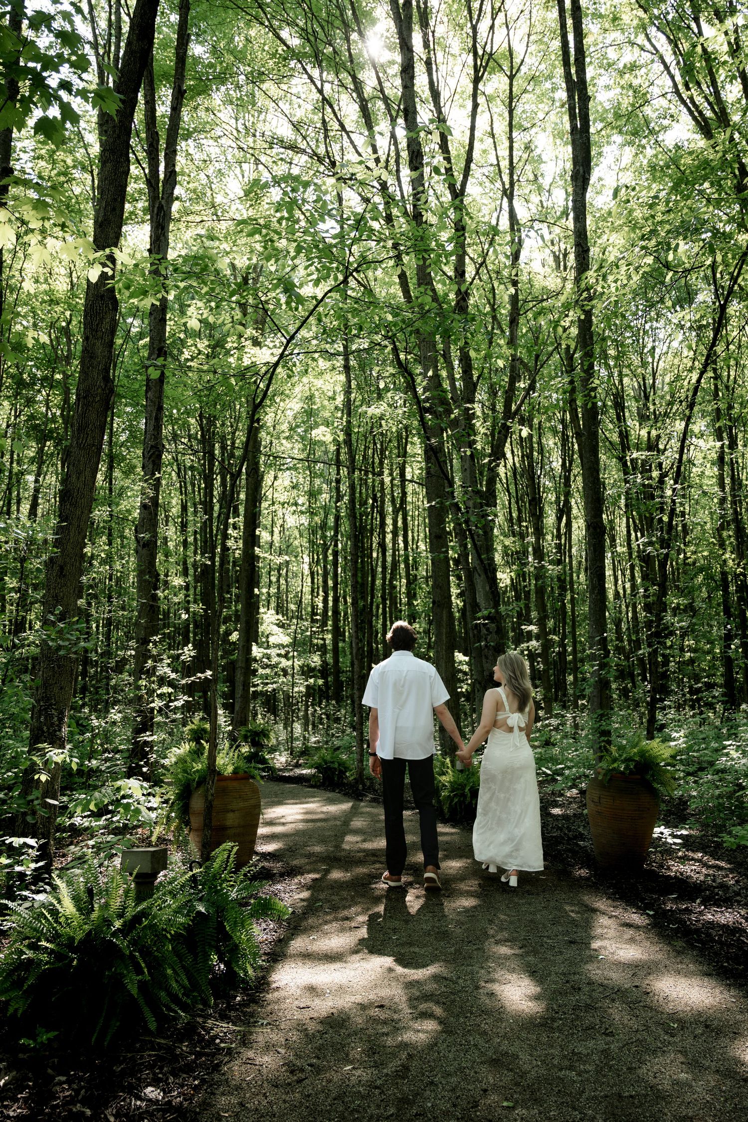 A couple holds hands walking down a forest path surrounded by tall trees and lush greenery.
