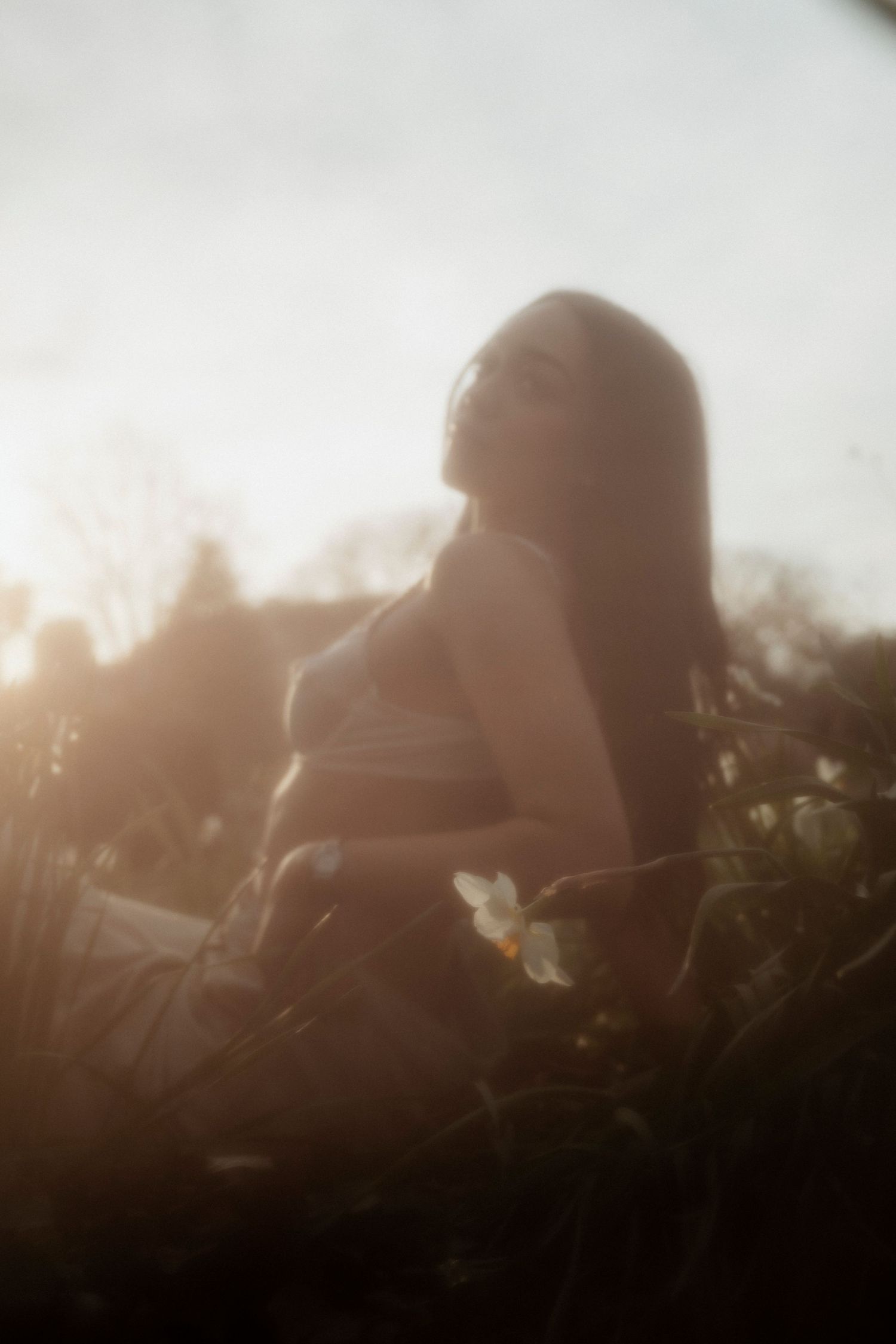 A young woman with long dark hair sits among wildflowers in dreamy golden backlit light.