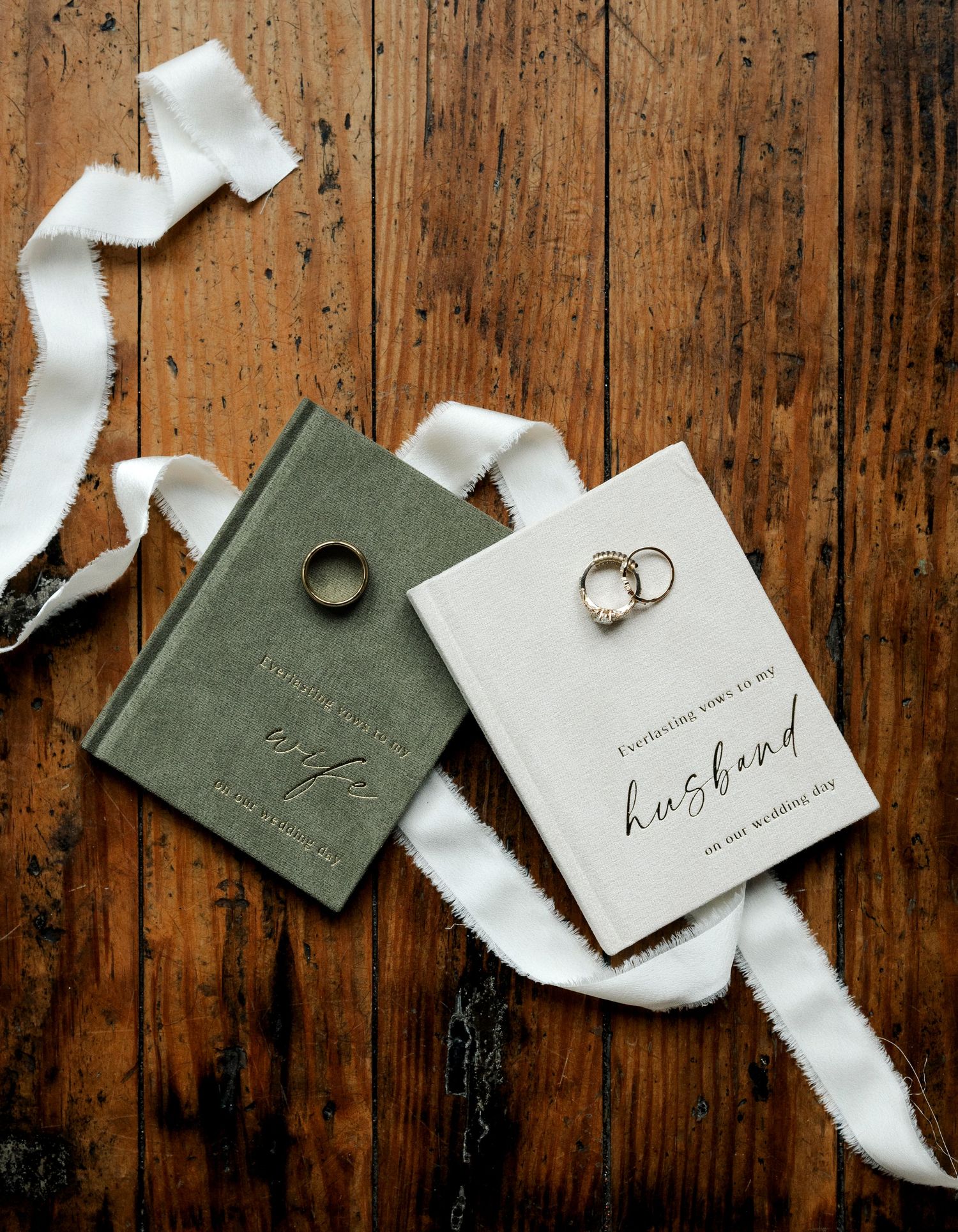 The image shows a wedding ring and a green book or envelope on a wooden surface, with white ribbon or fabric.