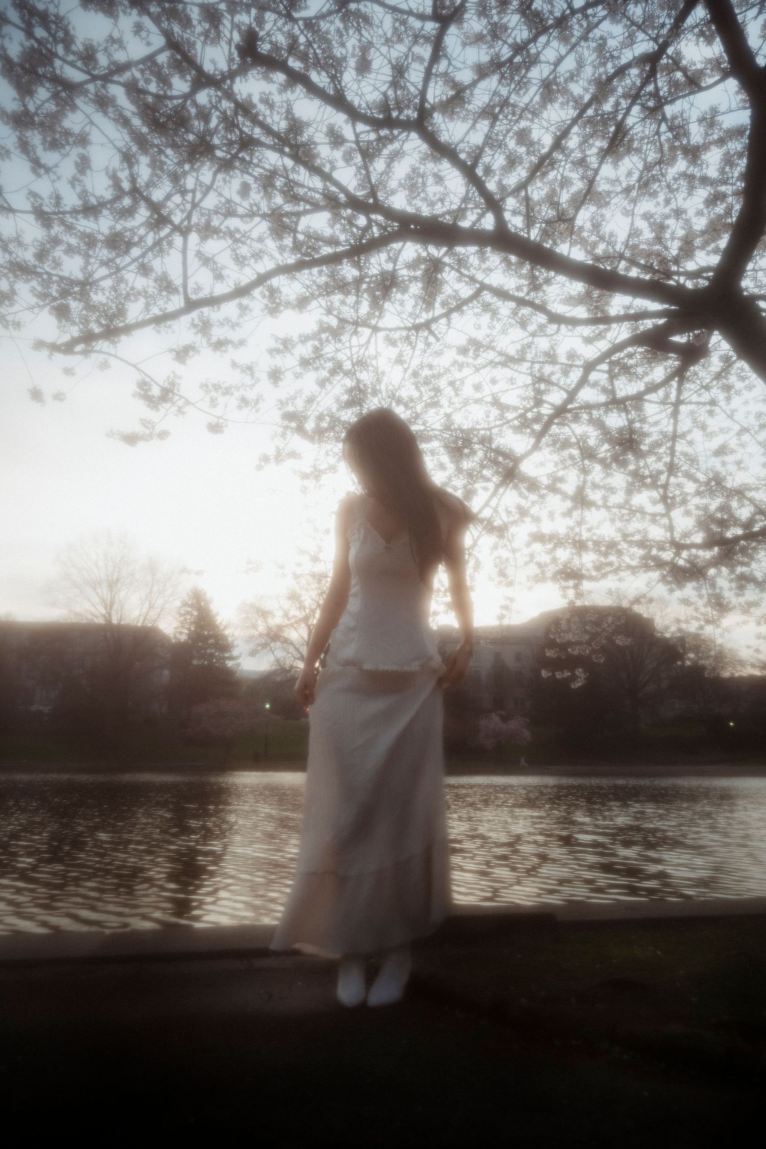 Woman in white dress standing by a tranquil lake under blooming cherry blossom trees at sunset.
