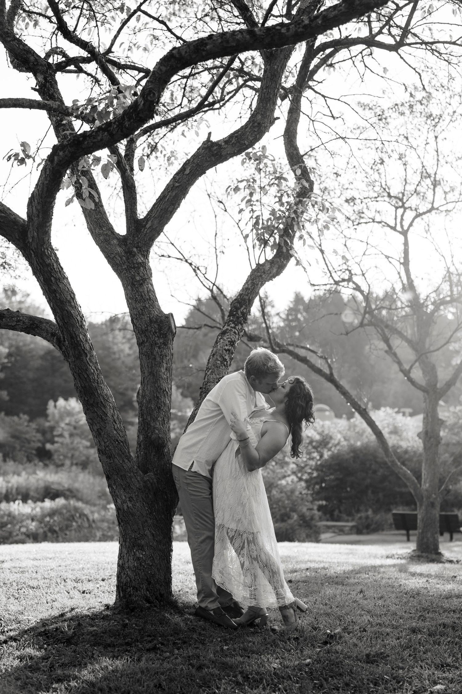 Black and white photo of a couple sharing a romantic kiss under a large tree in a lush garden park.