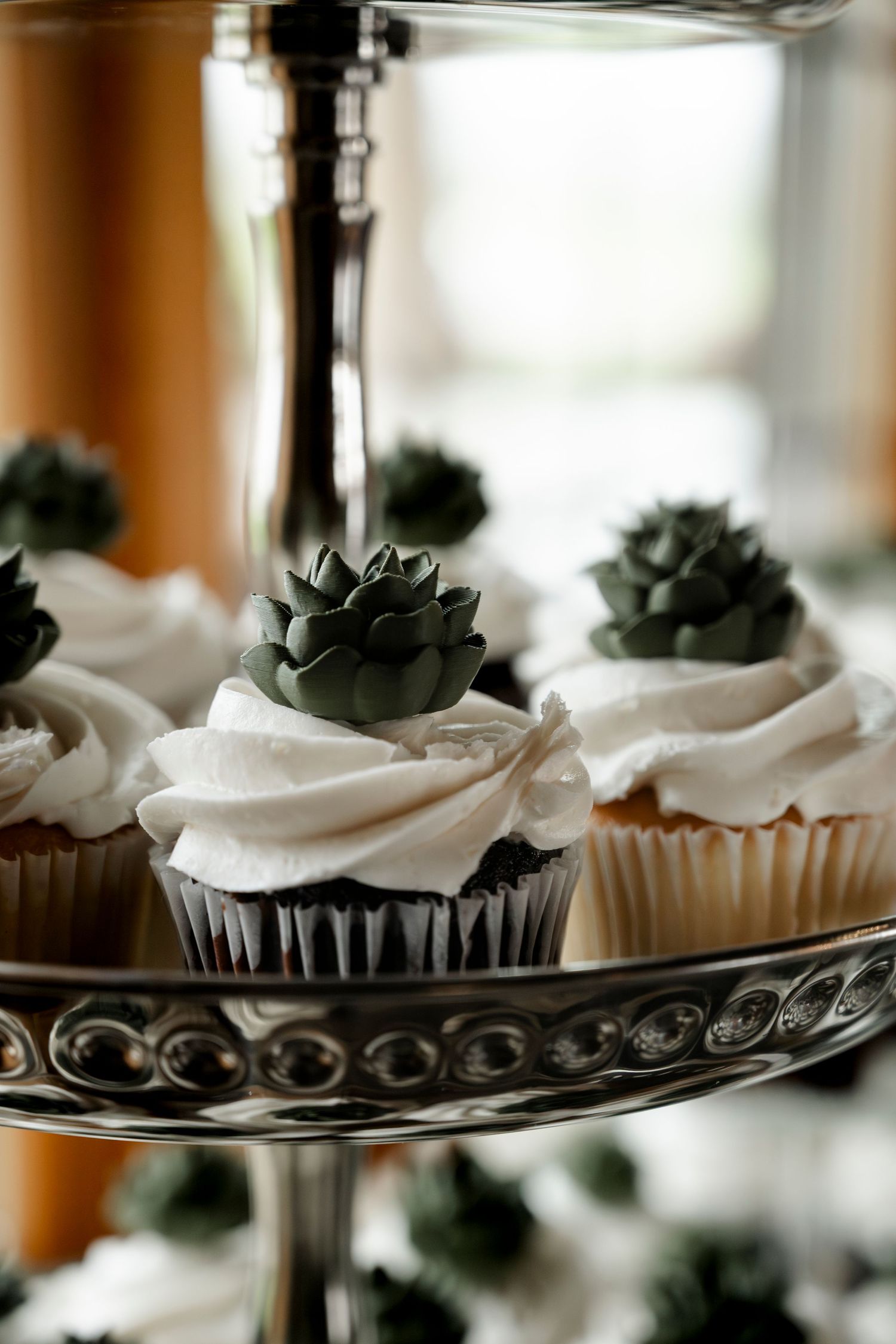 White frosted cupcakes topped with dark green succulent decorations displayed on a silver tiered dessert stand.