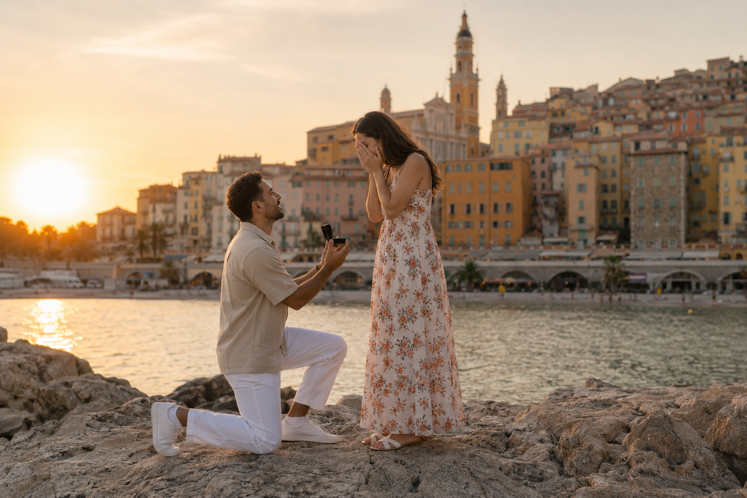 Man proposing to woman at sunset with historic coastal town backdrop, romantic engagement moment on rocky shore.