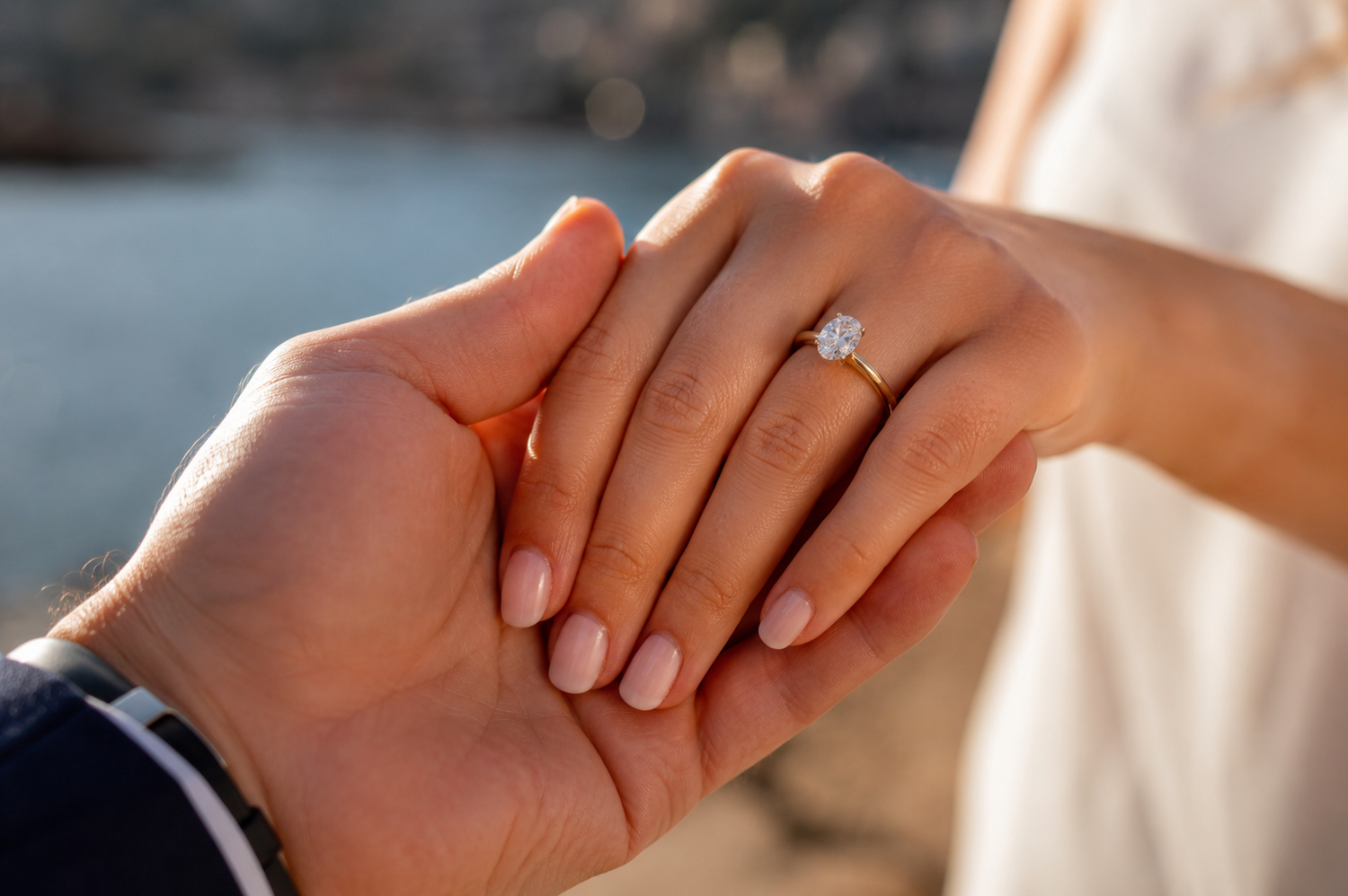 Close-up of couple holding hands with a sparkling diamond engagement ring on woman's finger outdoors.