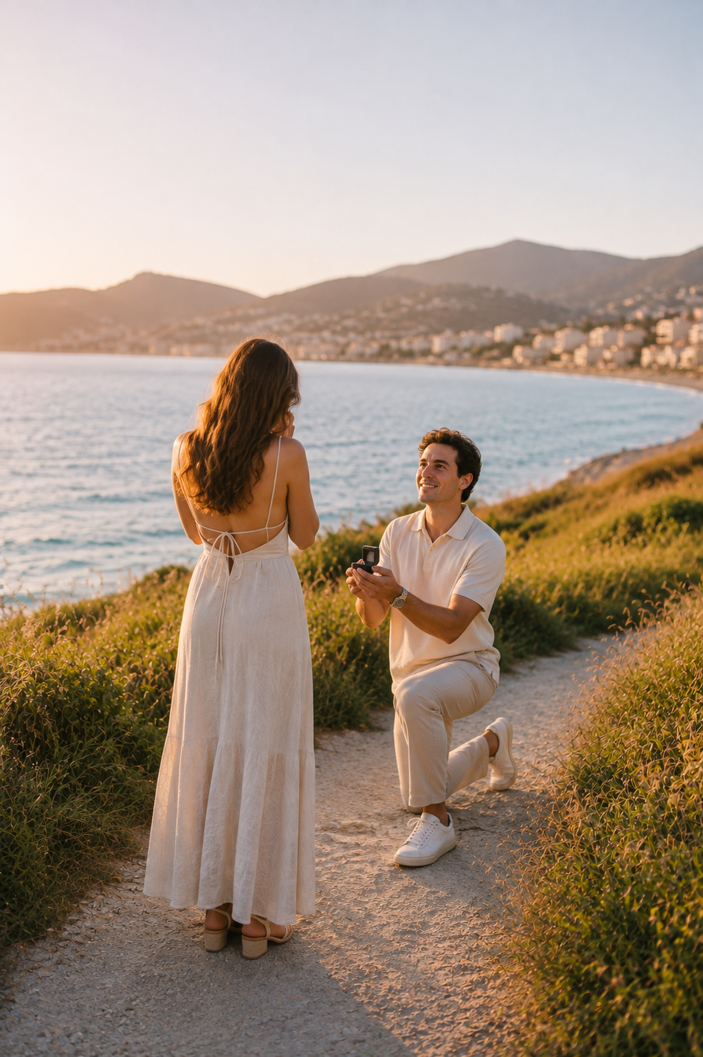 Man proposing to woman on scenic coastal path at golden sunset, with mountains and blue sea in background.