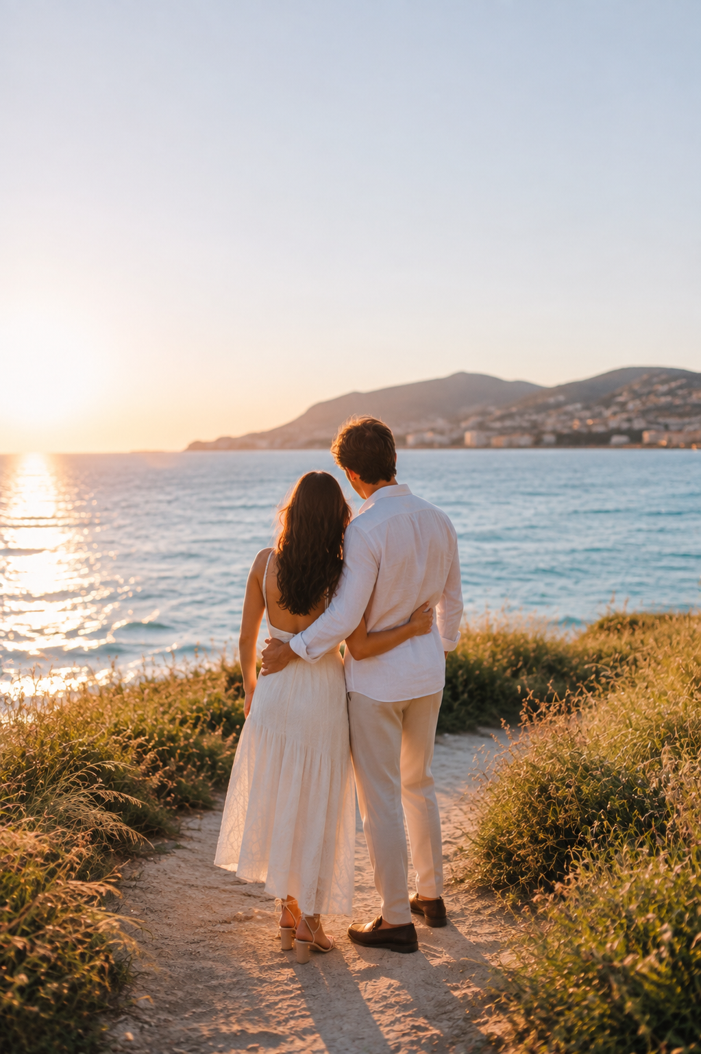 Couple embracing at sunset overlooking turquoise ocean and coastal hills on a scenic cliffside path.