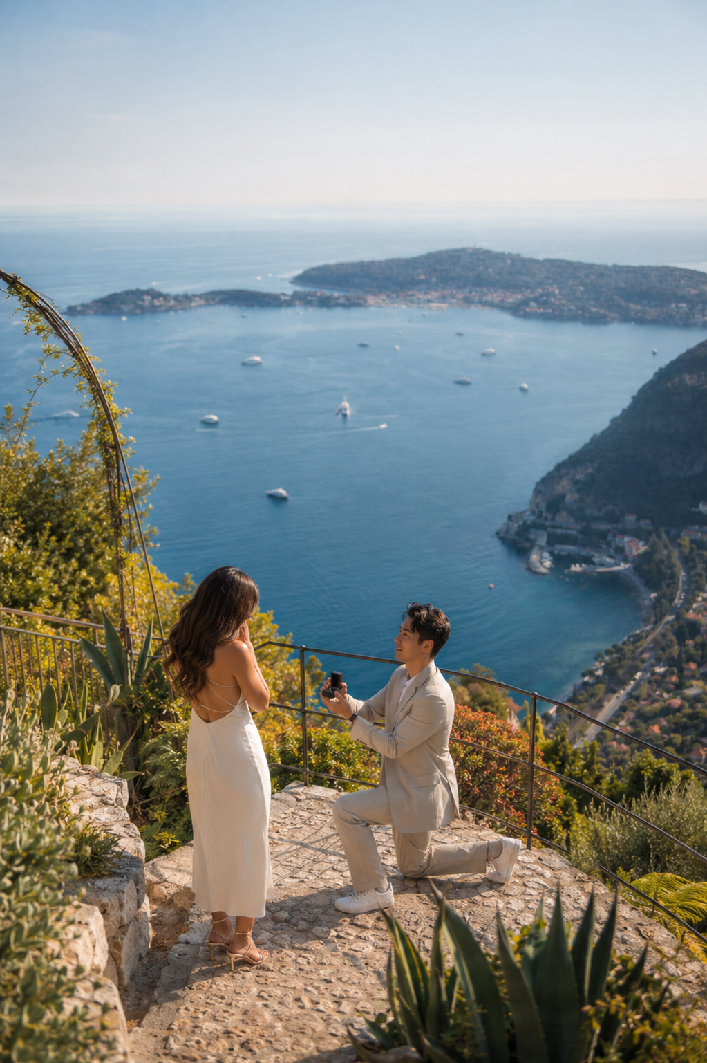 Man proposes to woman on scenic overlook above blue Mediterranean bay with yachts, lush greenery, South of France.