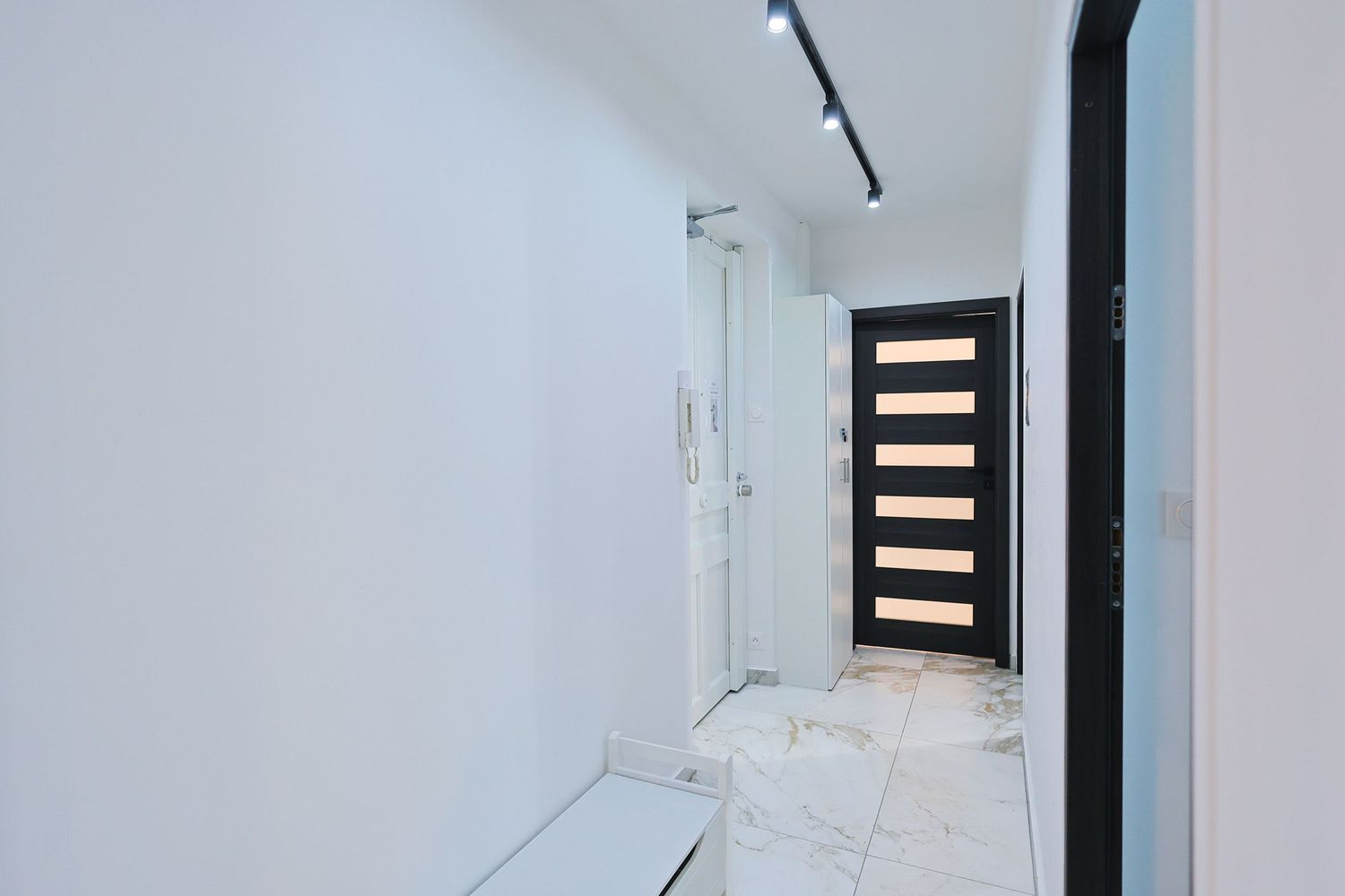 Modern minimalist white hallway with marble floor and dark wooden front door.