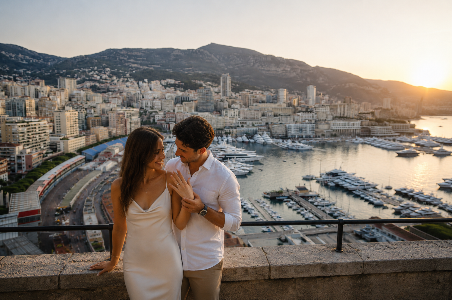 Couple embracing at sunset overlooking Monaco harbor with luxury yachts and city skyline backdrop.