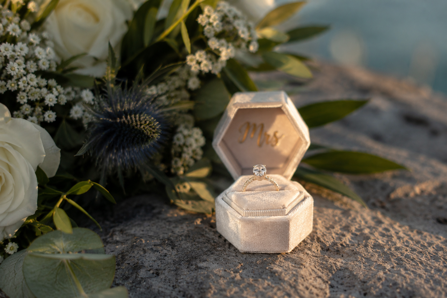 Diamond engagement ring in a velvet hexagonal box beside white roses and thistle flowers on a stone surface.