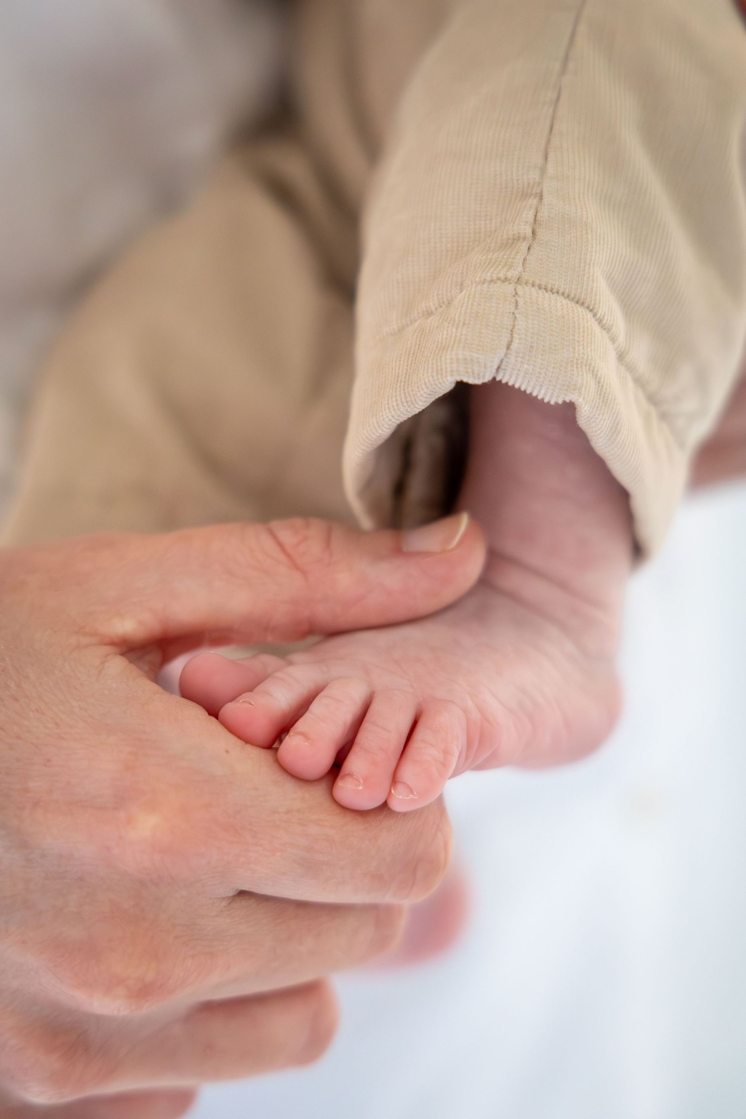 Adult hands gently holding a newborn baby's tiny foot and hand.