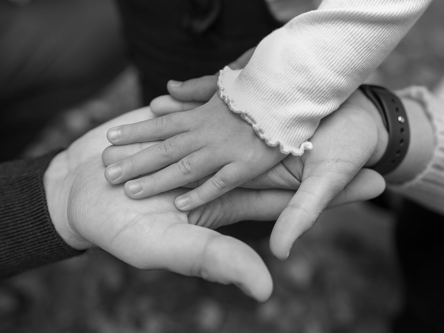 A series of black and white photos showing hands gently touching and connecting in different intimate poses.