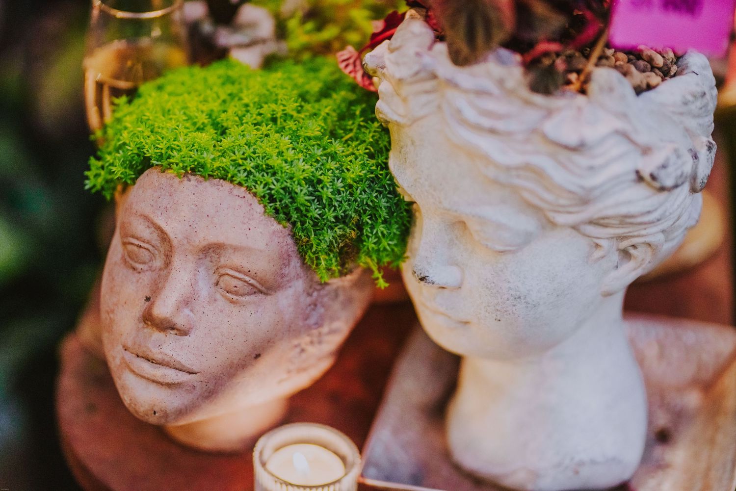 Two decorative garden planters with green moss growing on one and both displayed against a soft blurred background.