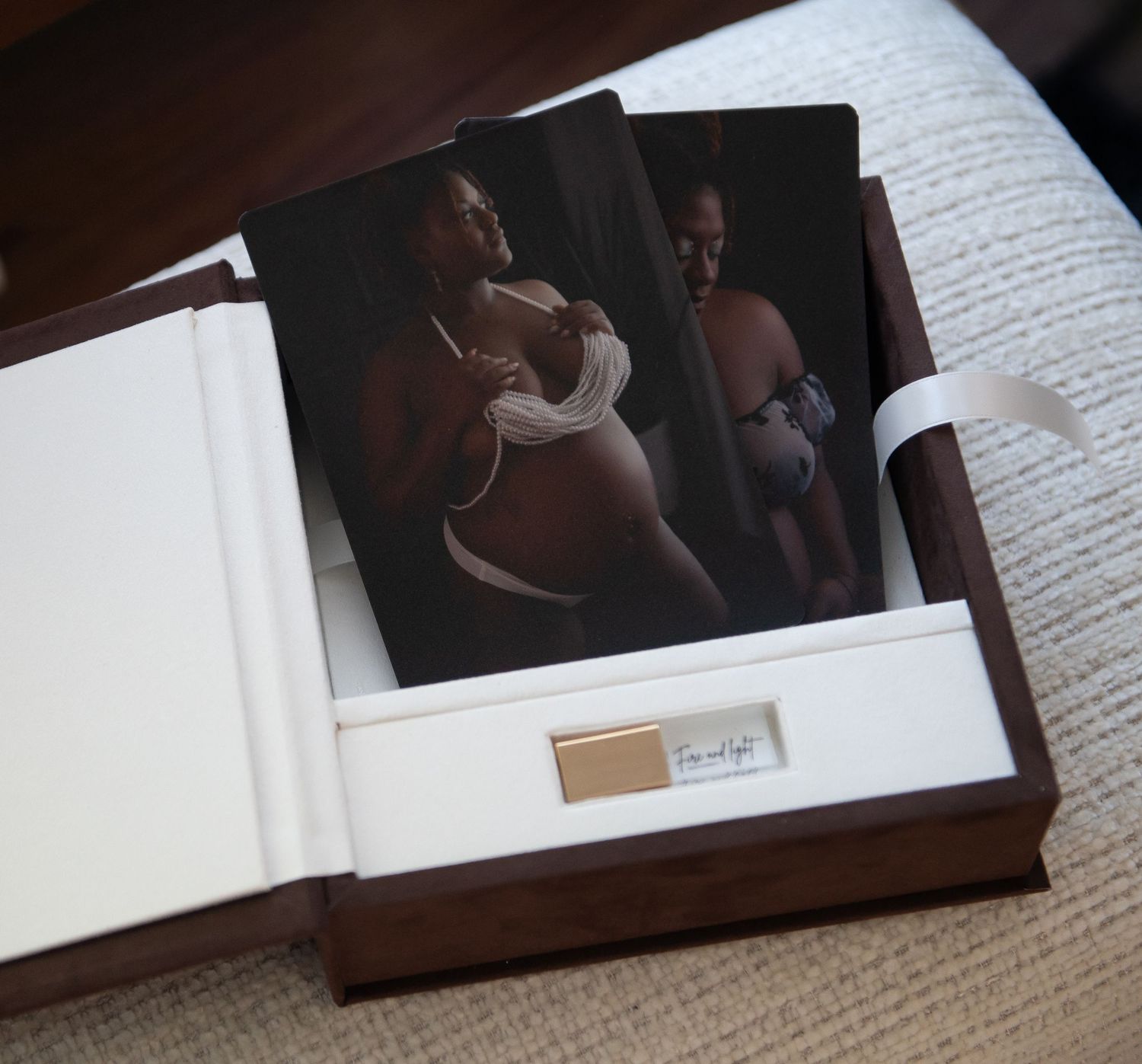 Deluxe print box for Seattle bourdoir studio clients to purchase containing art prints and USB.