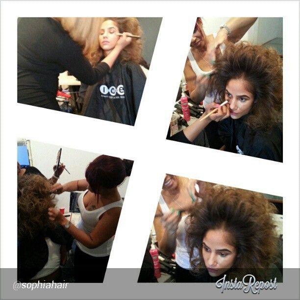A collection of four salon styling photos showing hair being styled with various styling tools and products.