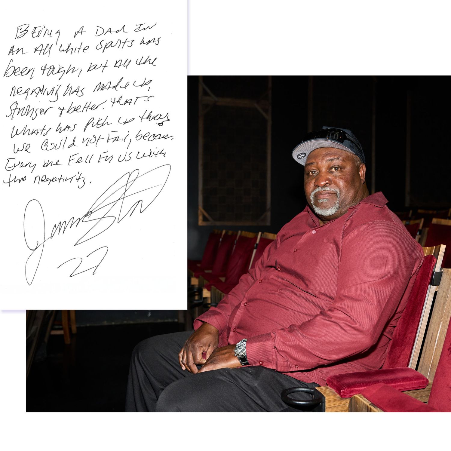 A handwritten note beside a photo of someone wearing a burgundy sweater seated in a wooden chair.