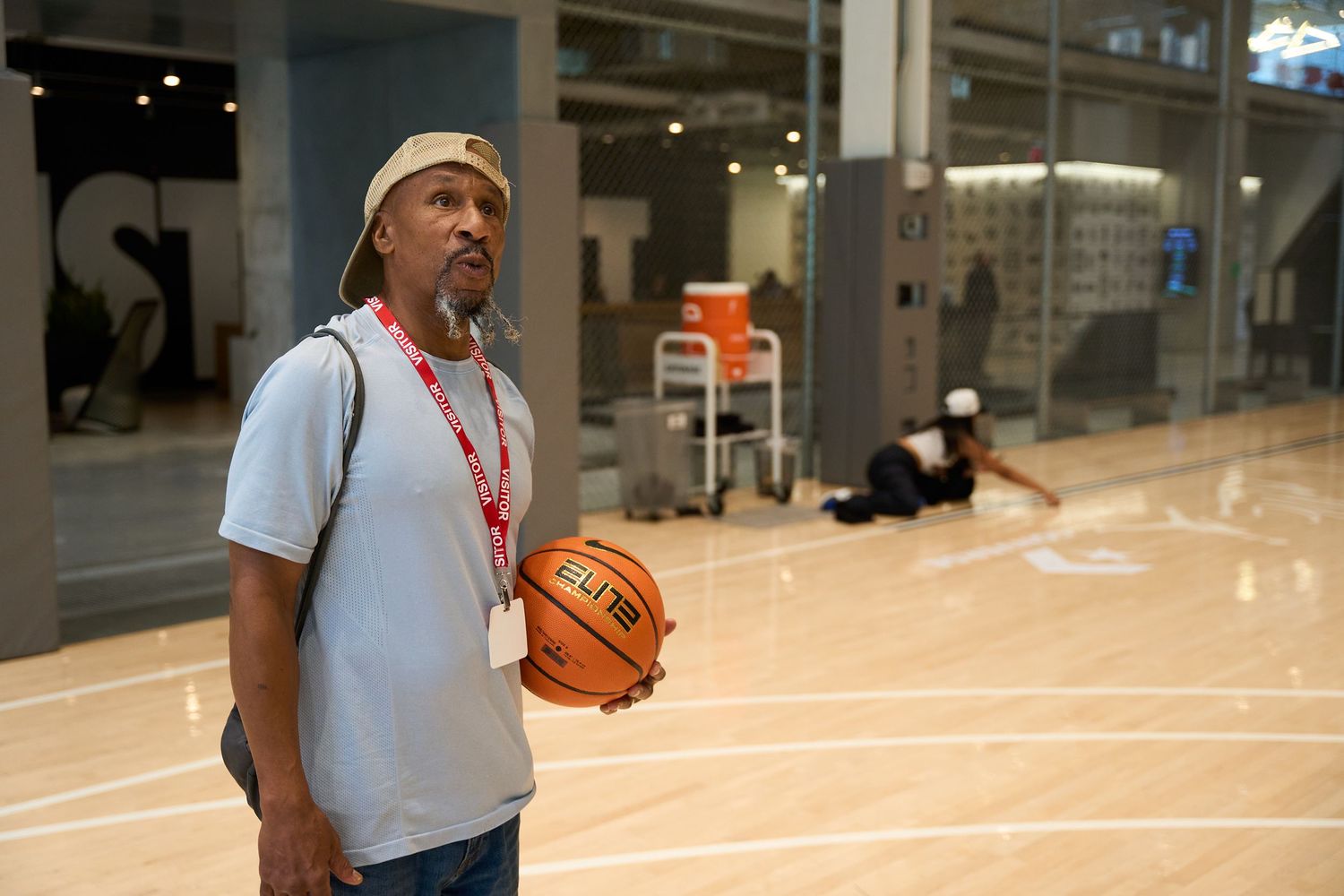 A collage of basketball players practicing drills and handling the ball in an indoor sports facility.