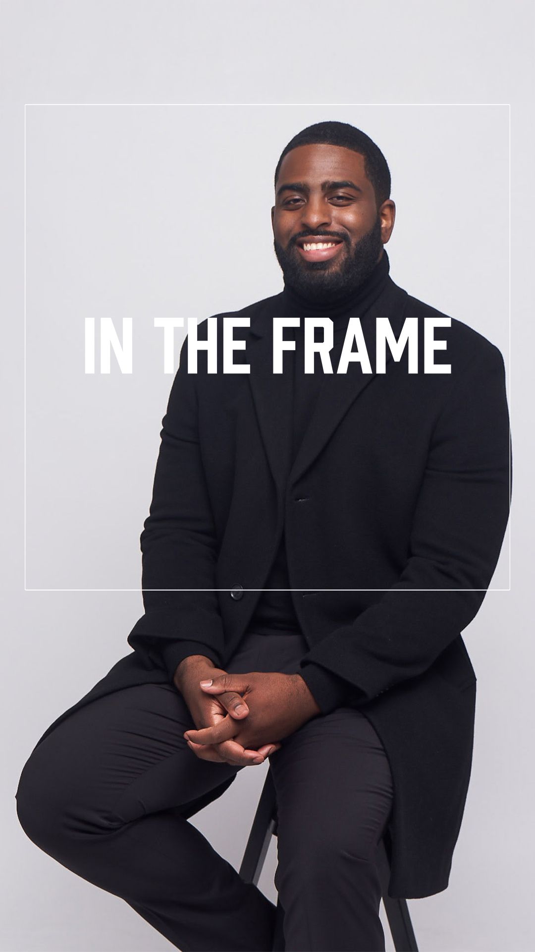 Professional portrait series of a person in a black suit sitting and posing against a light gray background.