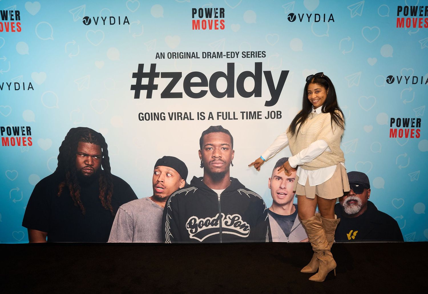 Three attendees pose at the #Zeddy original dram-edy series premiere event hosted by Power Moves and Vydia.