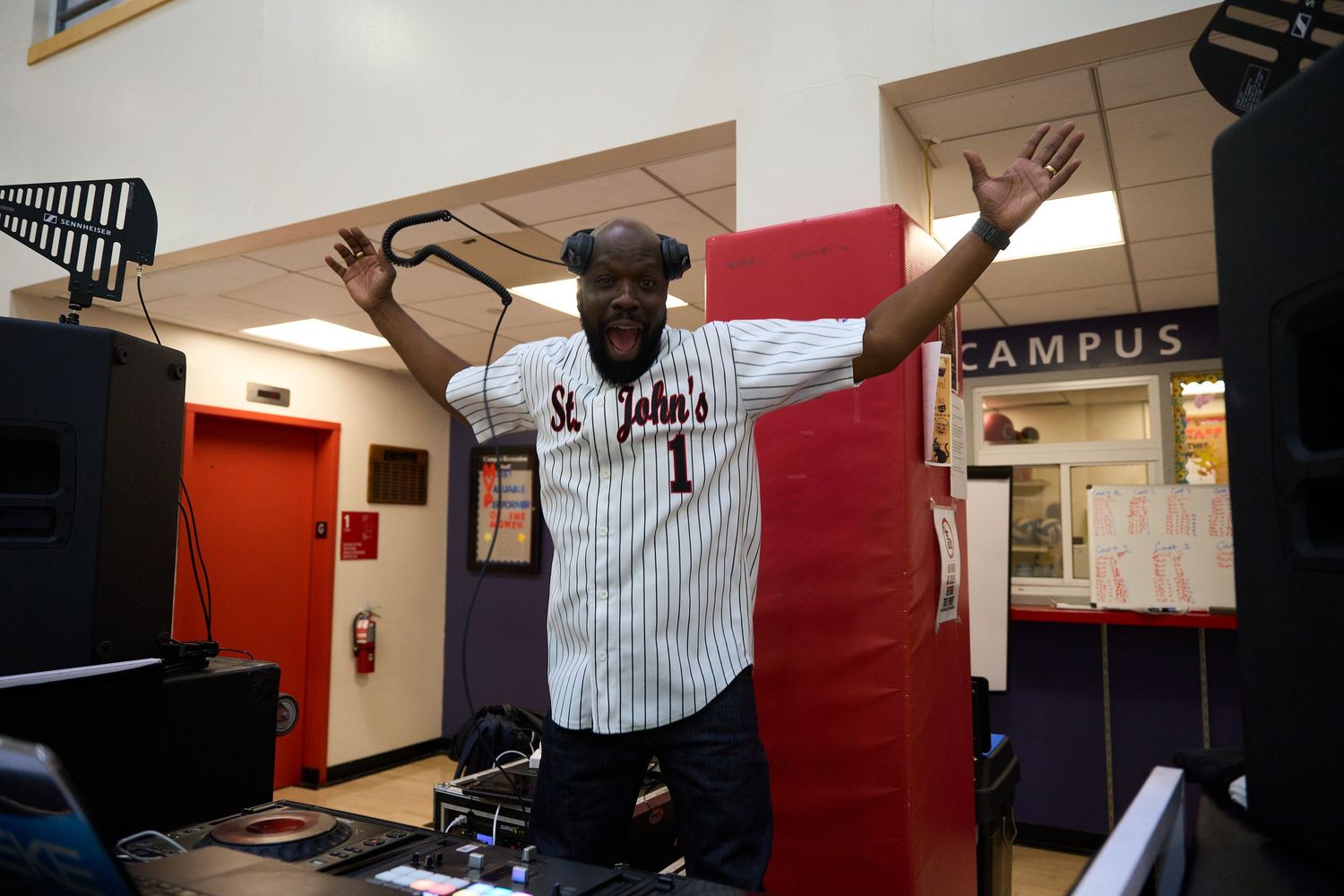 A series of classroom photos showing educational activities and campus life with red walls and teaching materials.
