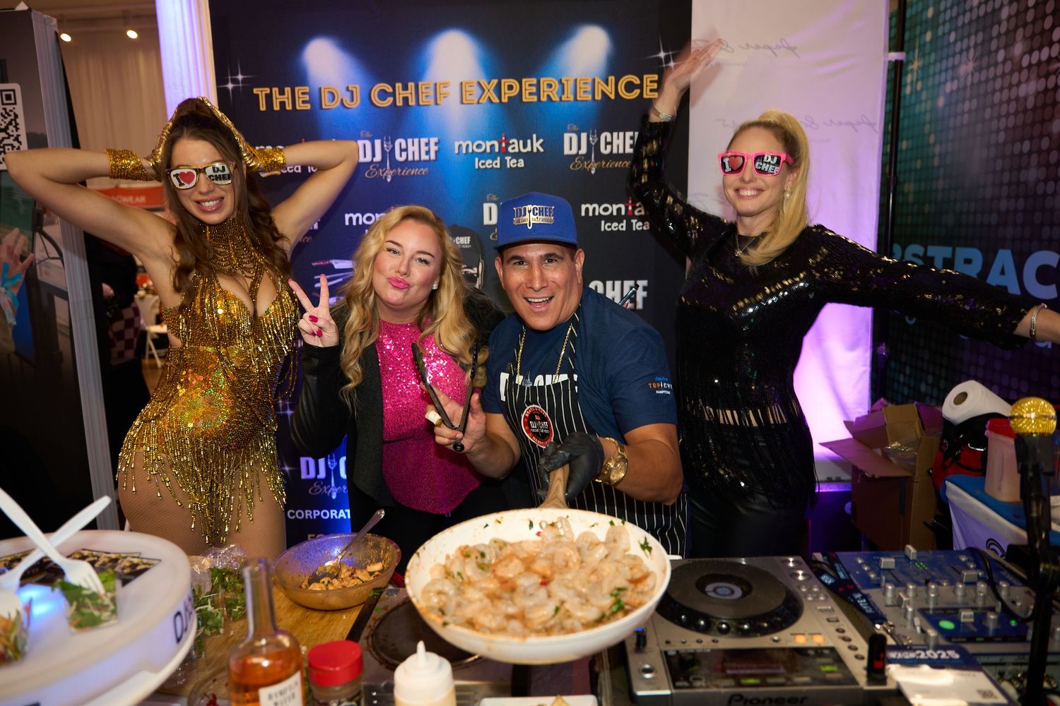 A lively nightclub scene with DJ equipment and colorful lighting creating an energetic party atmosphere.