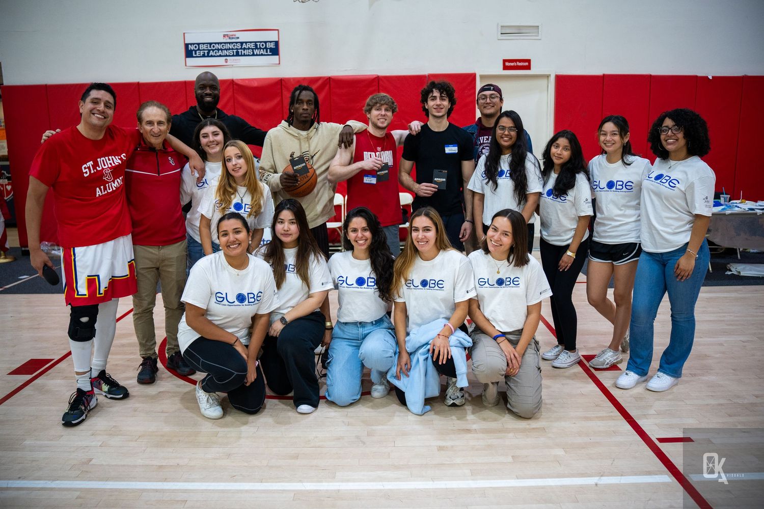 A collage of group photos showing students and team members posing together in a gymnasium setting with red walls.