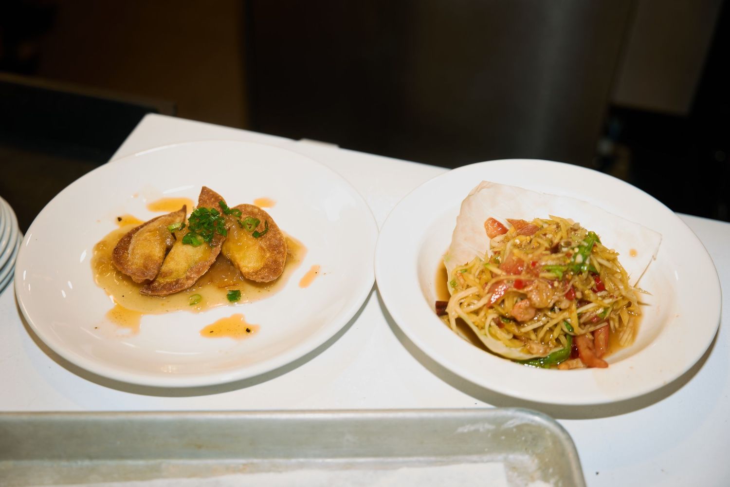 Two white plates on a table, one with golden pan-seared dumplings in sauce and one with a twirled pasta dish with fresh herbs.