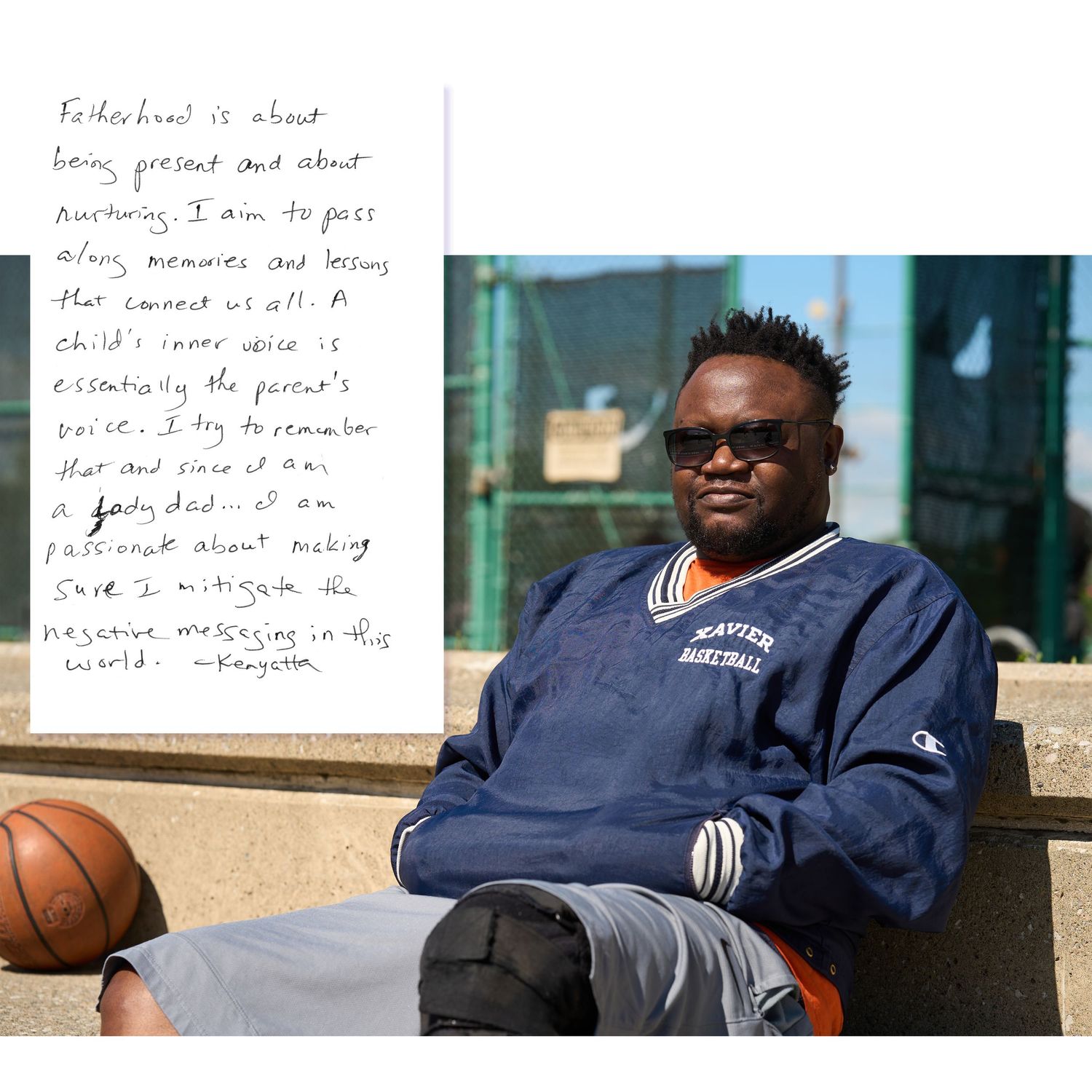 A student sits relaxing outdoors wearing sunglasses and a navy sweatshirt, with a basketball nearby.