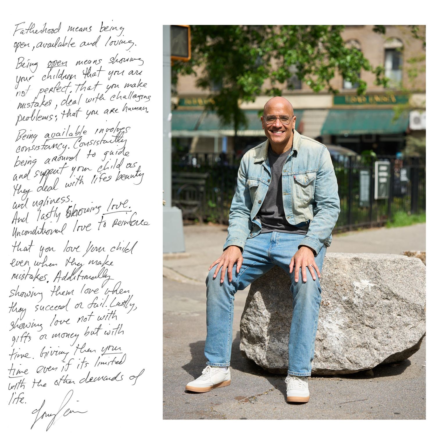 Person in denim jacket and jeans sitting on concrete blocks, with multiple shots at different angles outdoors.