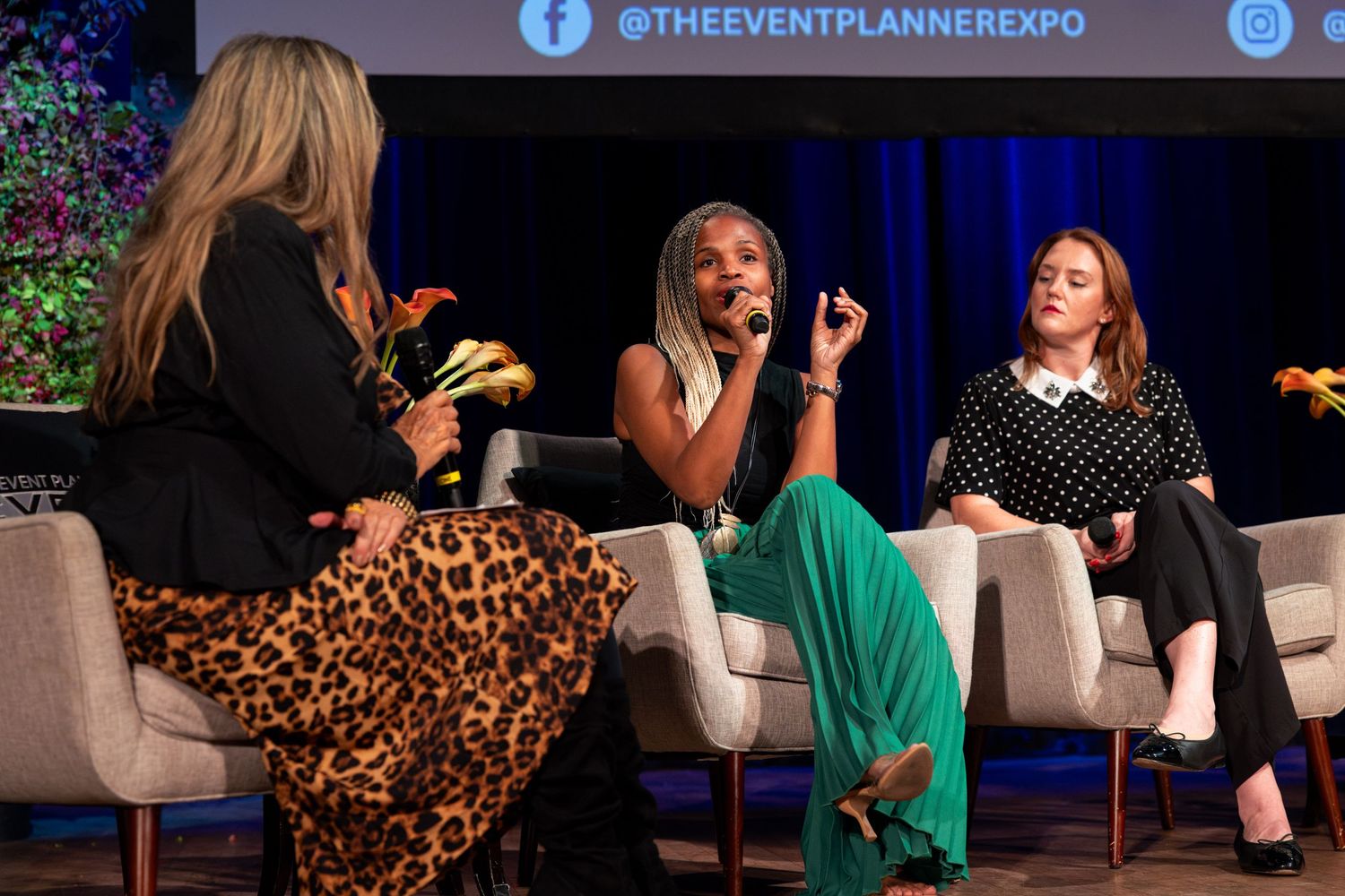 A collage of people engaging in lively conversation on stage at a professional event with white chairs and blue lighting.