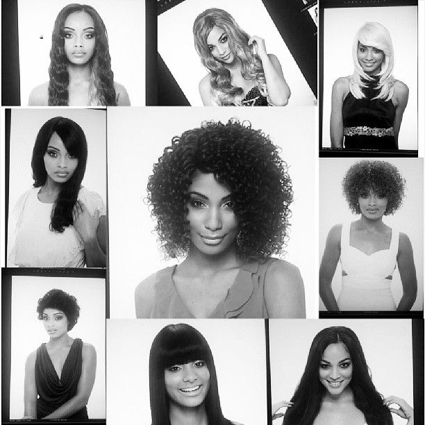 A collage of black and white portrait photographs showing different natural curly and straight hairstyles.