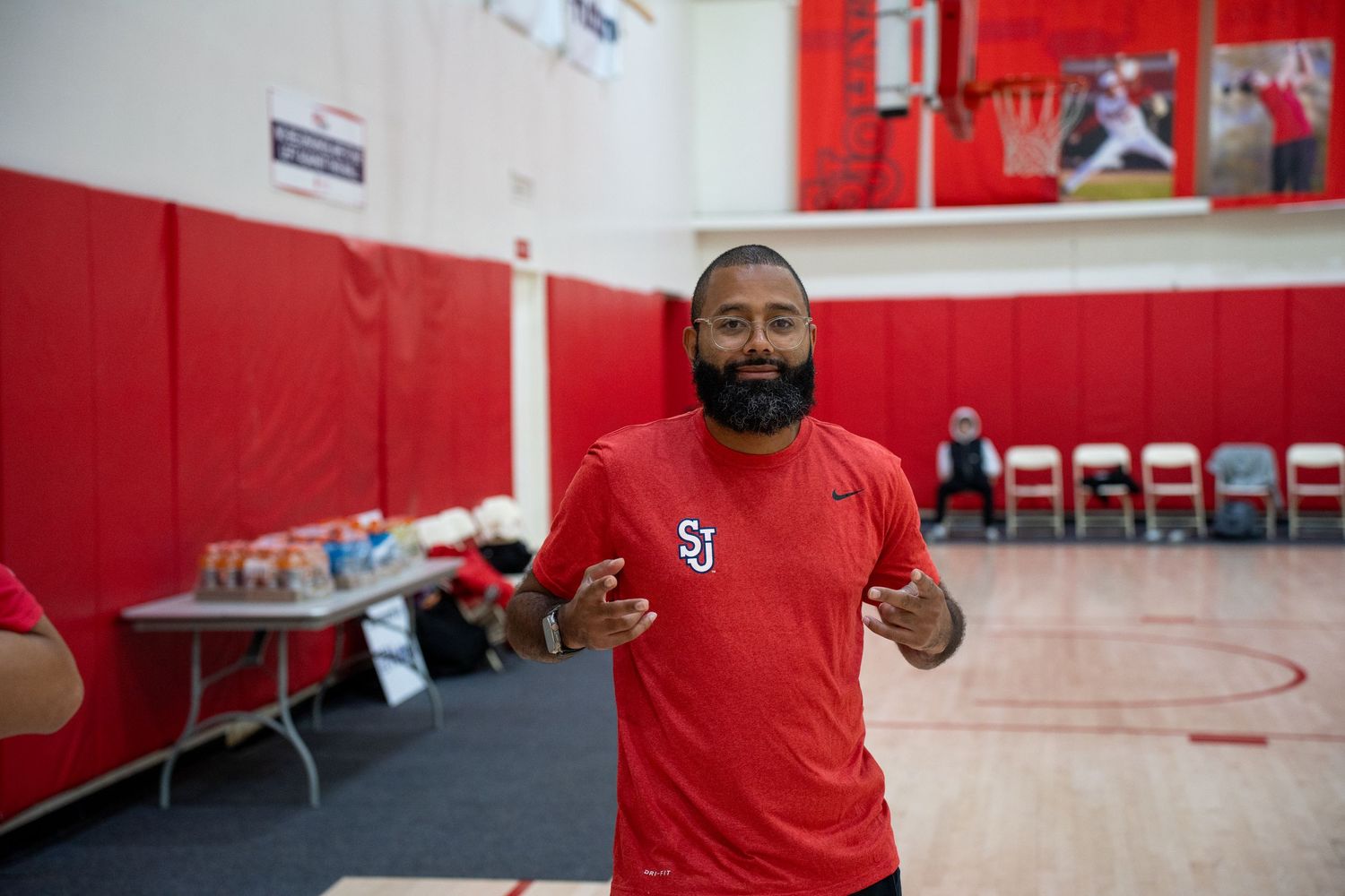 A collage of athletic training scenes in a red and white gymnasium showing workout equipment and exercise activities.