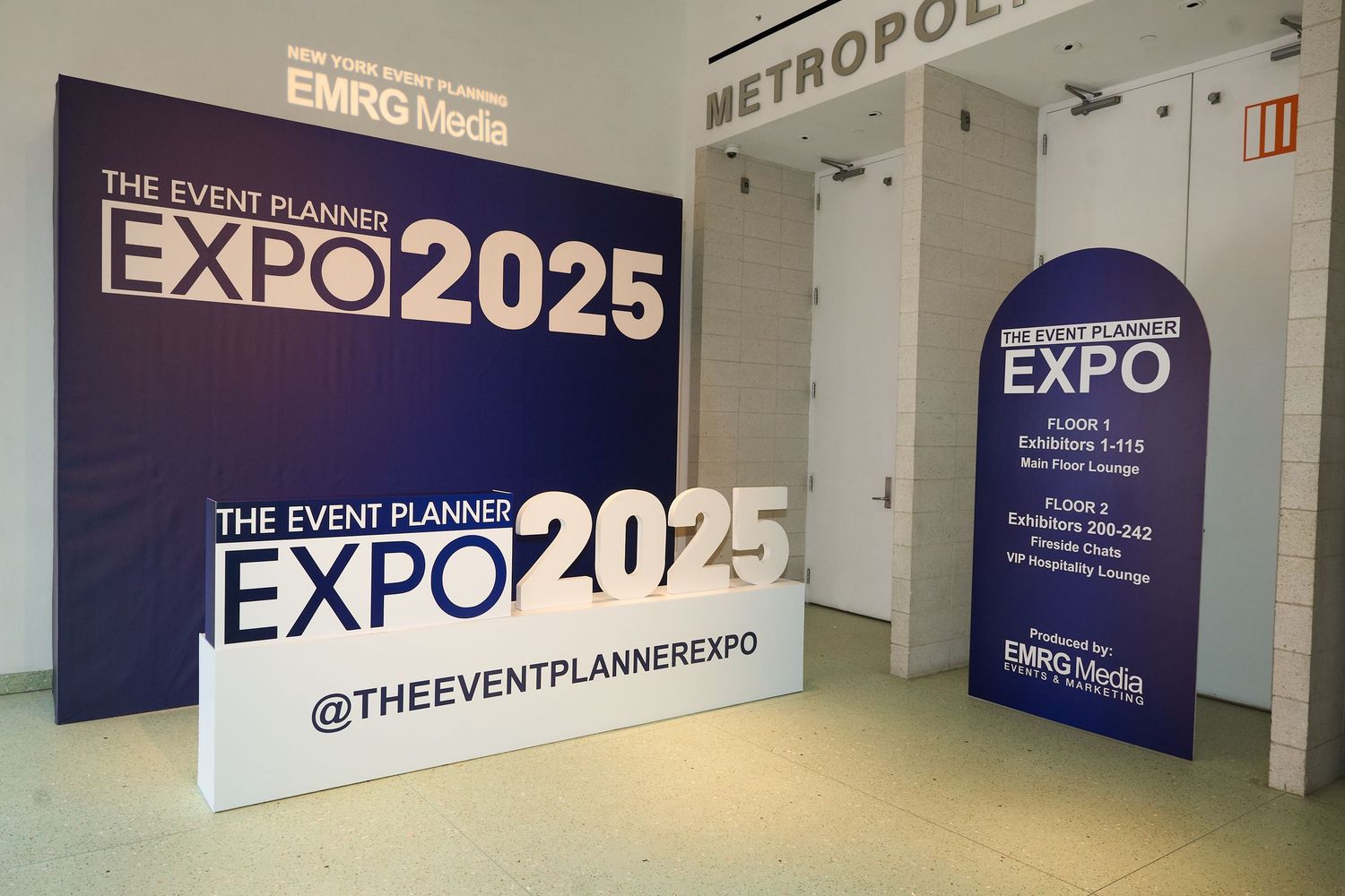 Exhibition signage and displays for 'The Event Planner EXPO 2025' shown in a metropolitan venue space.
