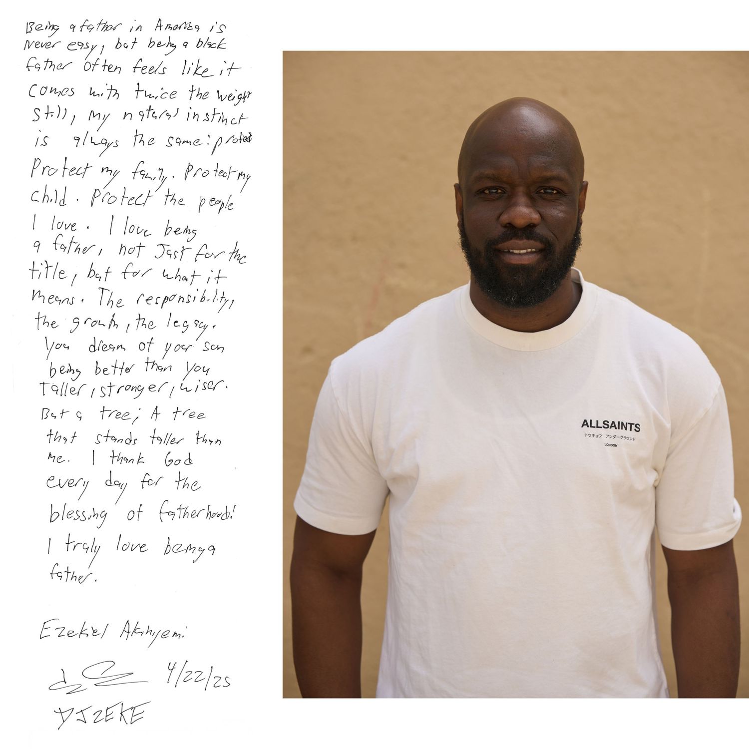 A handwritten note next to a person wearing a white t-shirt stands against a light colored background.
