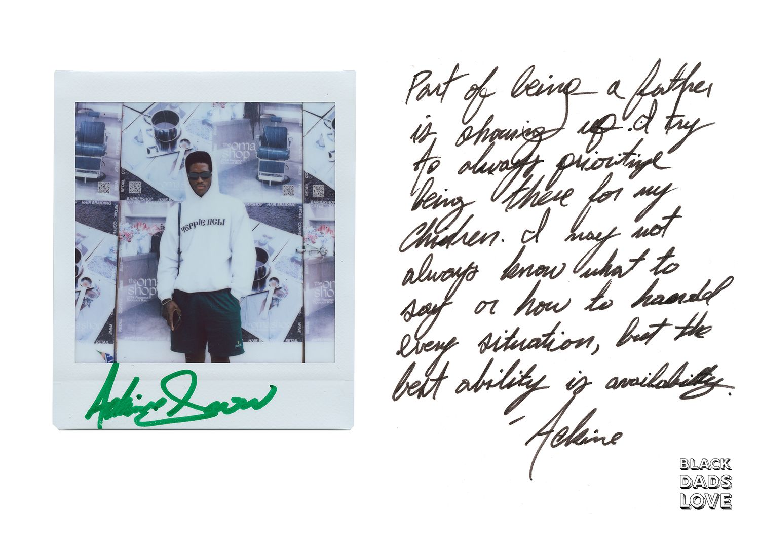 Polaroid photograph of a person in a white hoodie with handwritten notes and signatures.