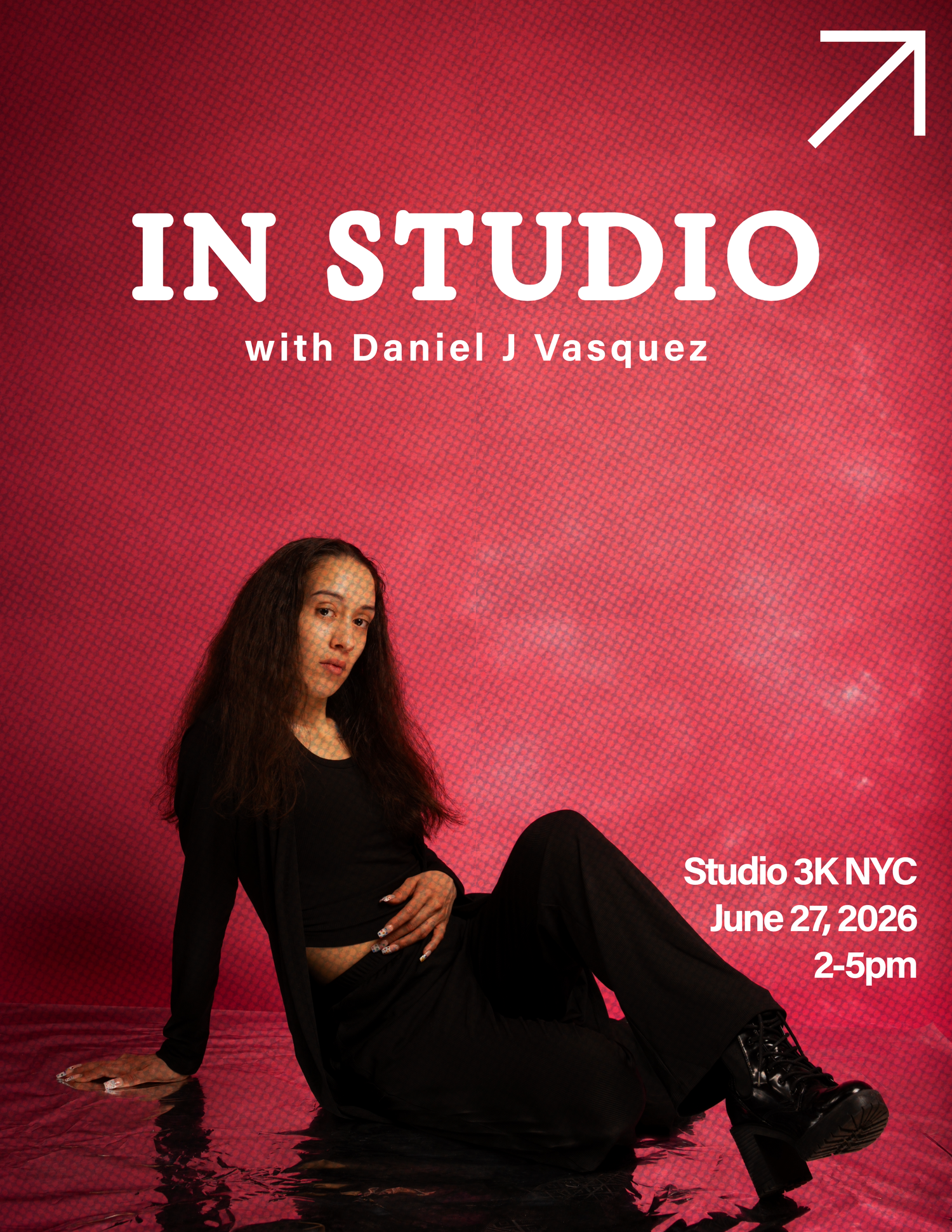 Promotional flyer for In Studio with Daniel J Vasquez at Studio 3K NYC on June 27, 2026, featuring a woman in black on a red background.