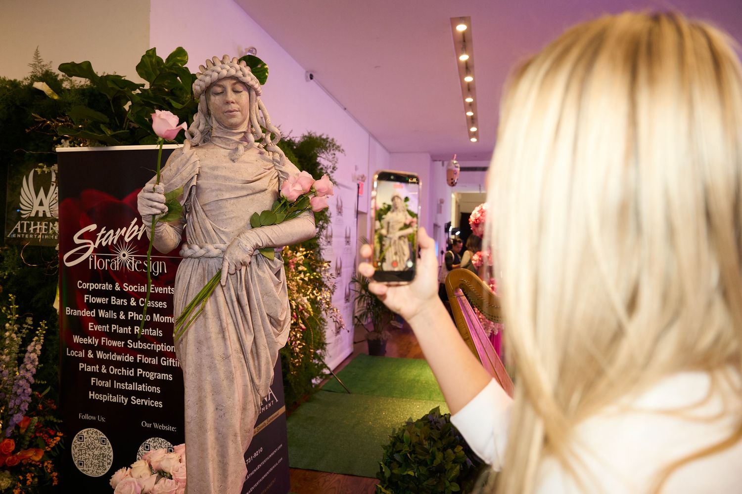 A sequence of event photos showing a festive garden party scene with decorative lighting and outdoor decor.
