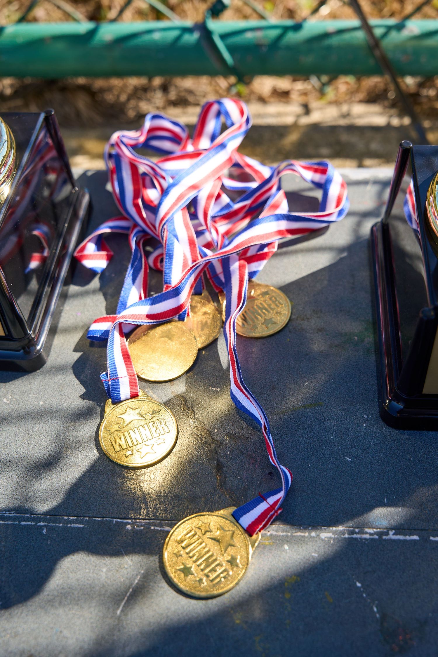 Gold medals with red white and blue ribbons lying on a dark surface in sunlight.